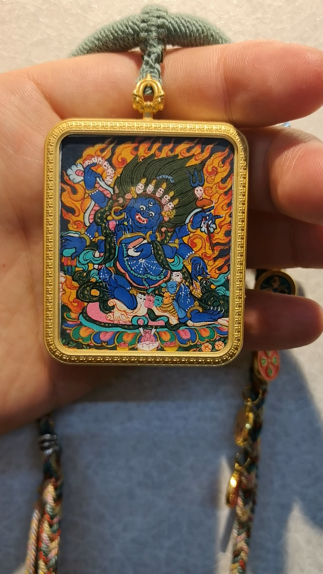 Hand-Painted Six-Armed Mahakala Pendant Necklace - Tibetan Buddhist Protector & Gold Frame • Multi-Armed Deity • Spiritual Armor Jewelry