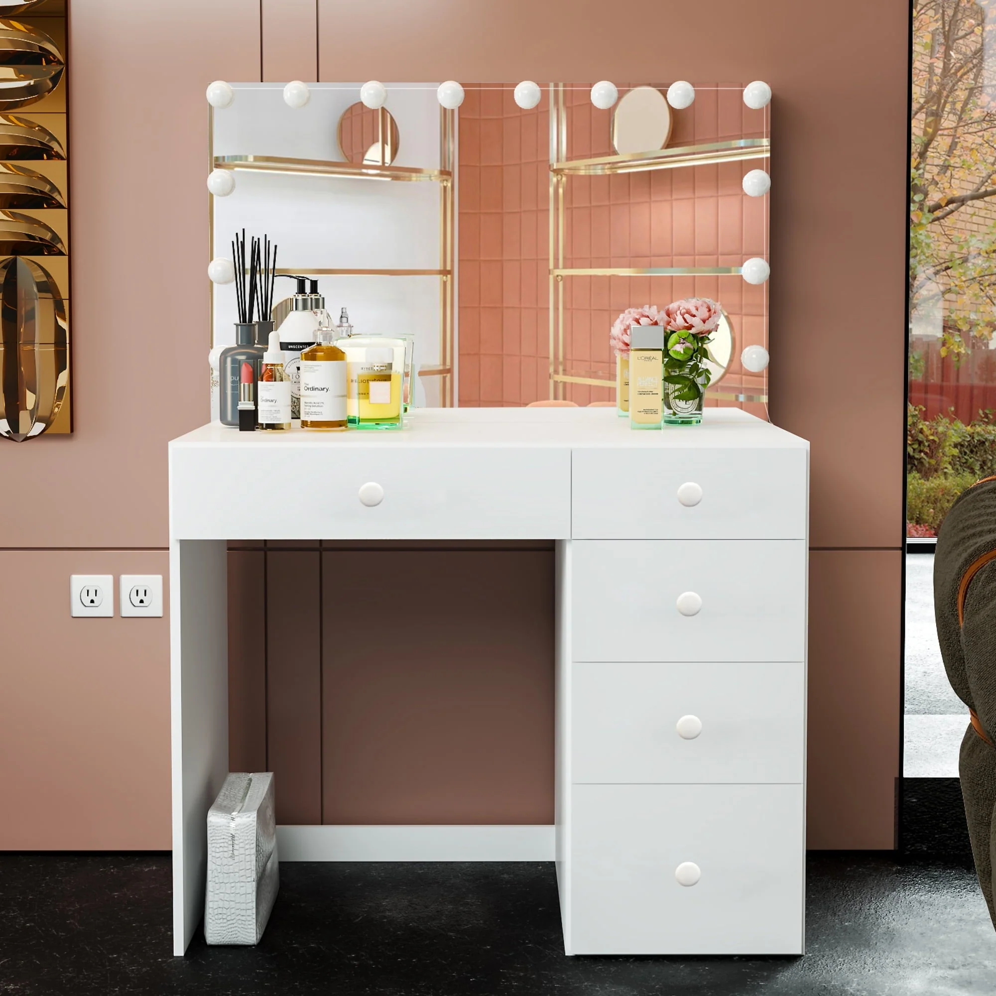 Boahaus Saranya Modern Vanity Desk with Light Bulbs, 5 Drawers, White