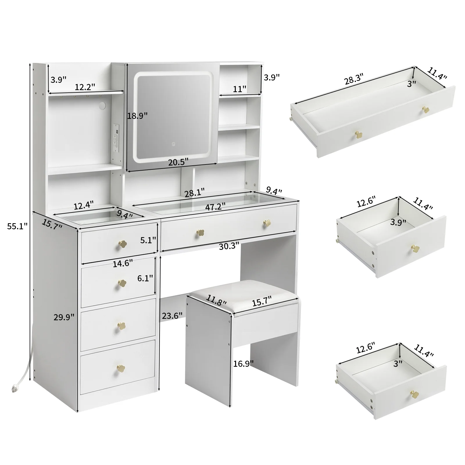 Zimtown 47" Vanity Desk with Charging Station, Makeup Table with 5 Drawers, Built-in Storage Shelves and 3 Color Lights, Dressing Table Set, White