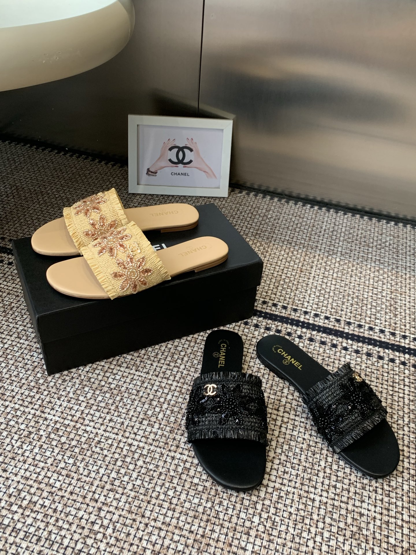 Chanel Sequin Floral Raffia CC Slide Sandals