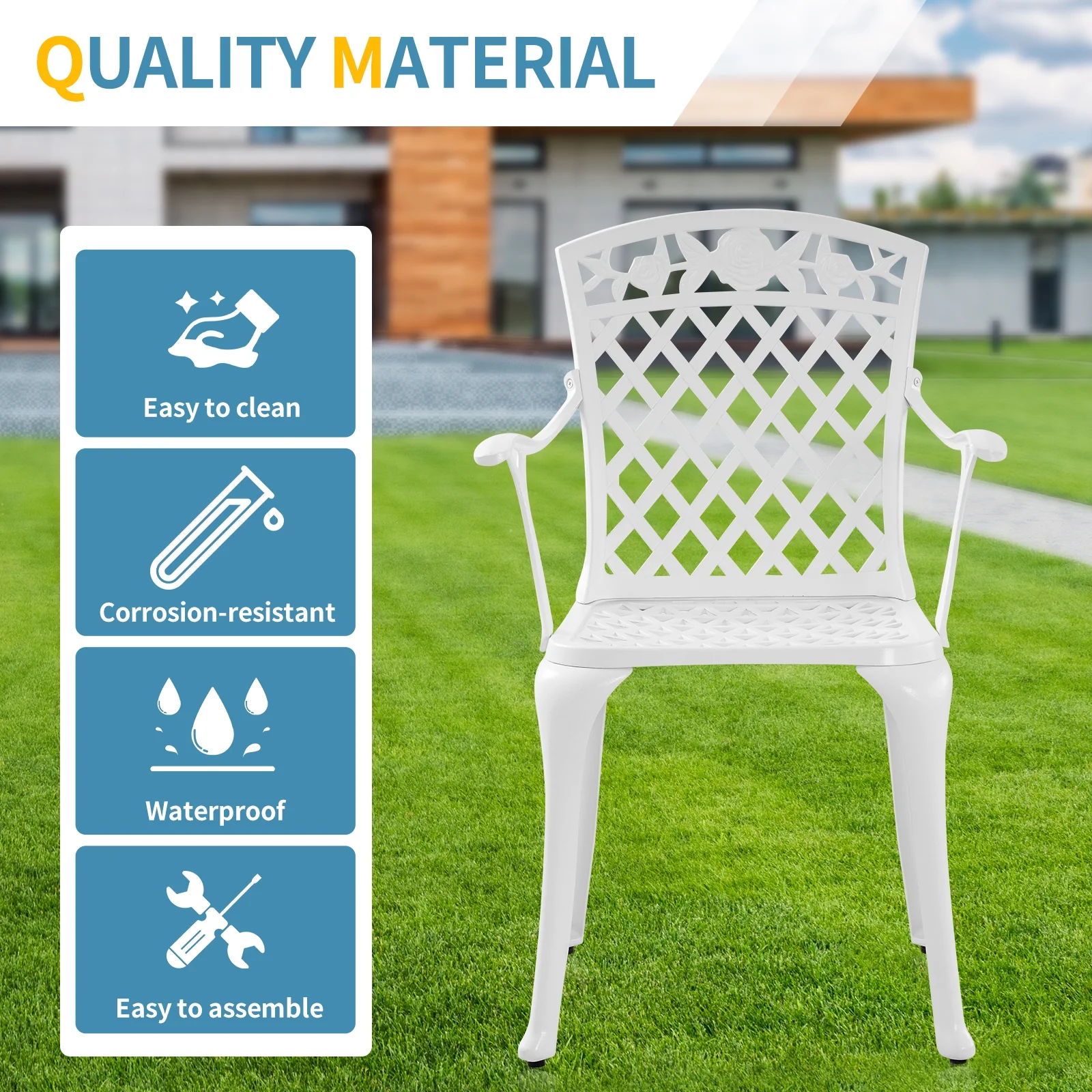 Withniture  Cast Aluminum Patio Furniture Outdoor Chairs Patio Bistro Chair Set of 2 with Armrest, Metal Chair for Garden, White