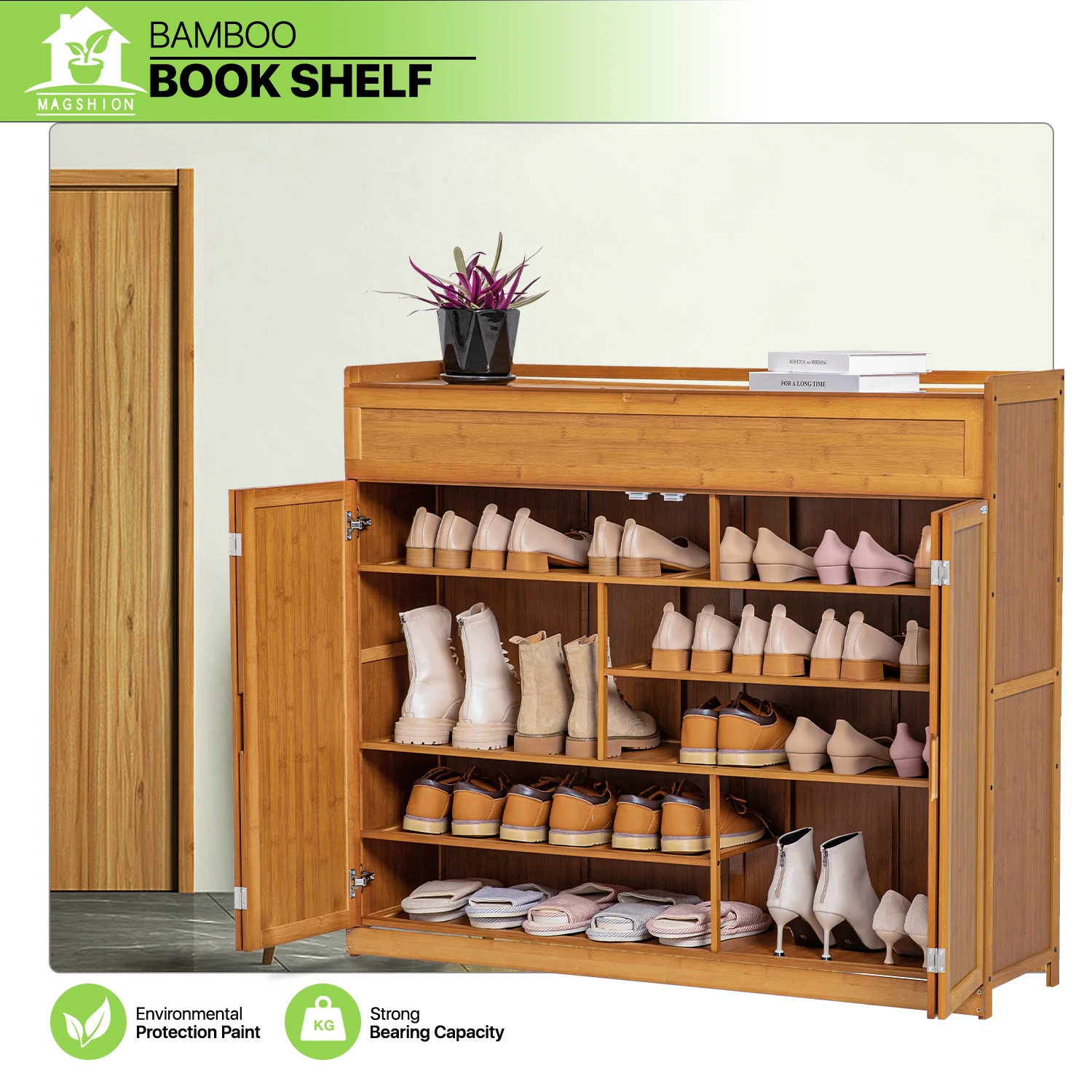 Magshion Bamboo 6 Tier 30 Pairs Shoe Organizer Cabinet with Folding Door Compartment Heels Boots, Brown, for Home