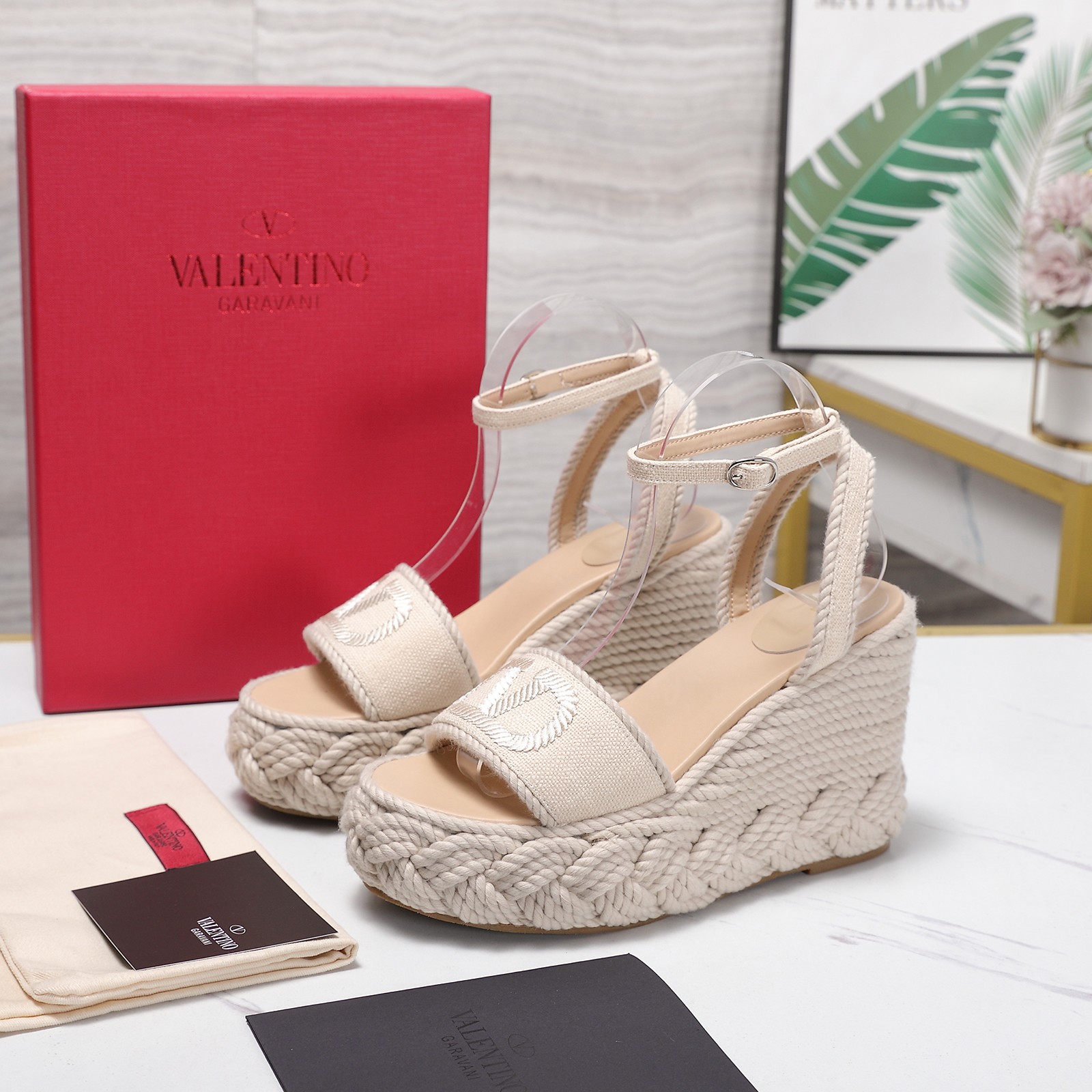Valentino Garavani Beige Canvas VLogo Embroidered Open Toe Platform Wedge Espadrille Sandal Heel