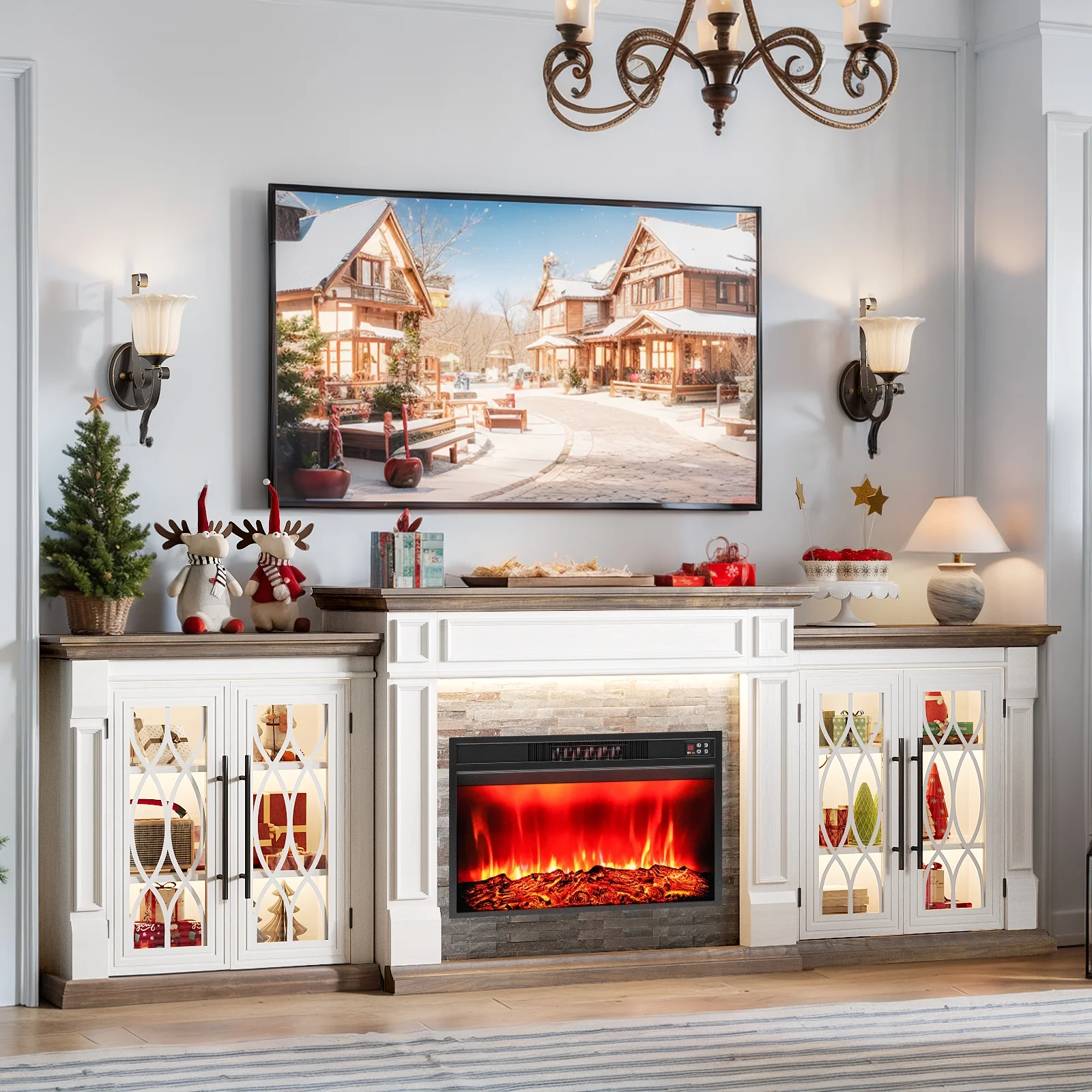 Holliwill 104" TV Stand with 30" Electric Fireplace & LED Lights & Power Outlets, Modern Farmhouse Entertainment Center with Storage Cabinet for Living Room, Large Fireplace with Mantel, White