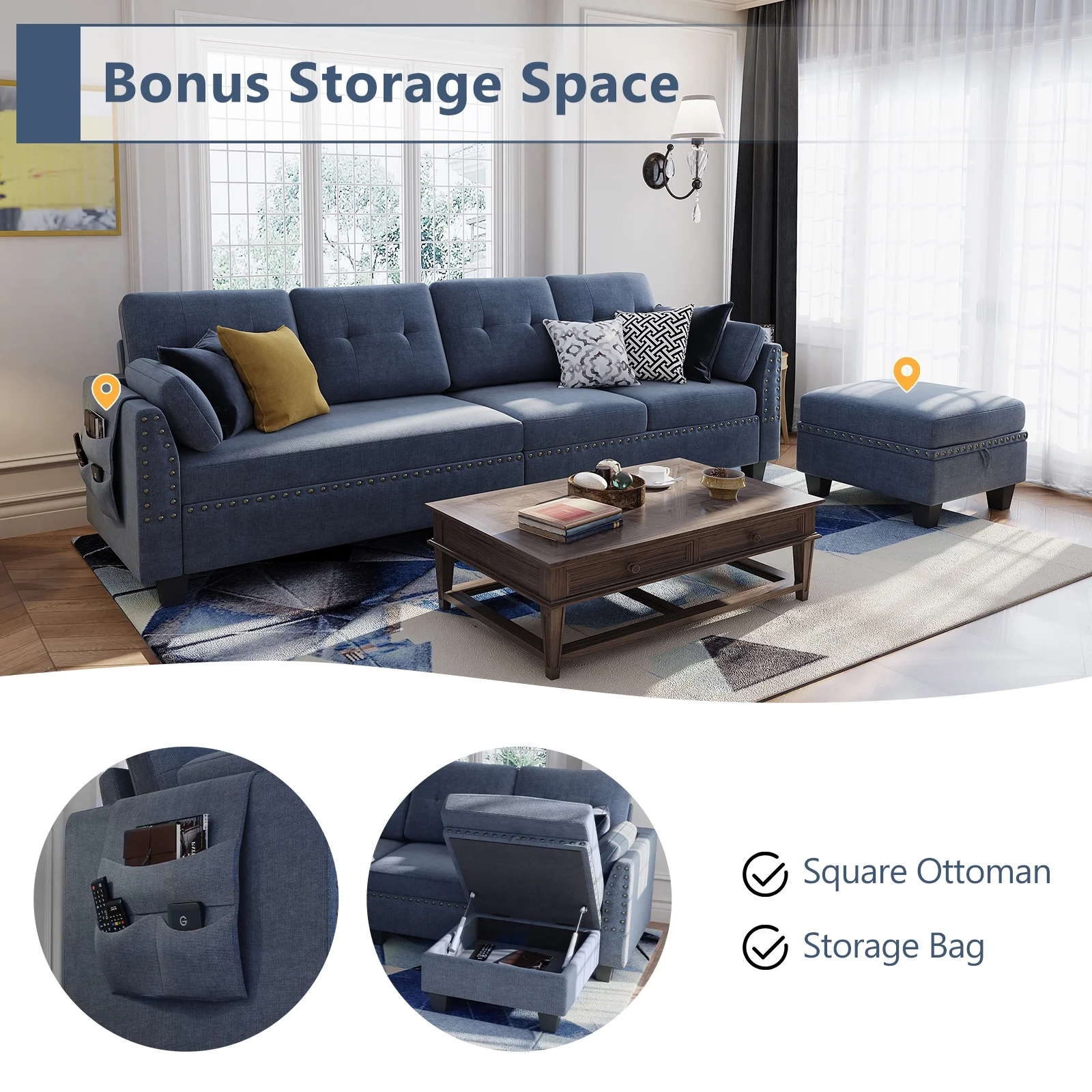 HONBAY Convertible Sectional Sofa Couch L-Shape Couch with Reversible Chaise 4 seat Sofa for Apartment Bluish Grey