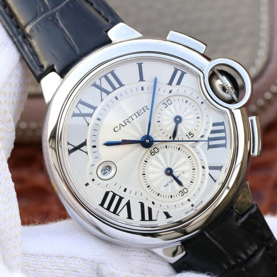 Cartier Watch BALLON BLEU 42 CHRONOGRAPH STEEL SILVER DIAL LEATHER BRACELET