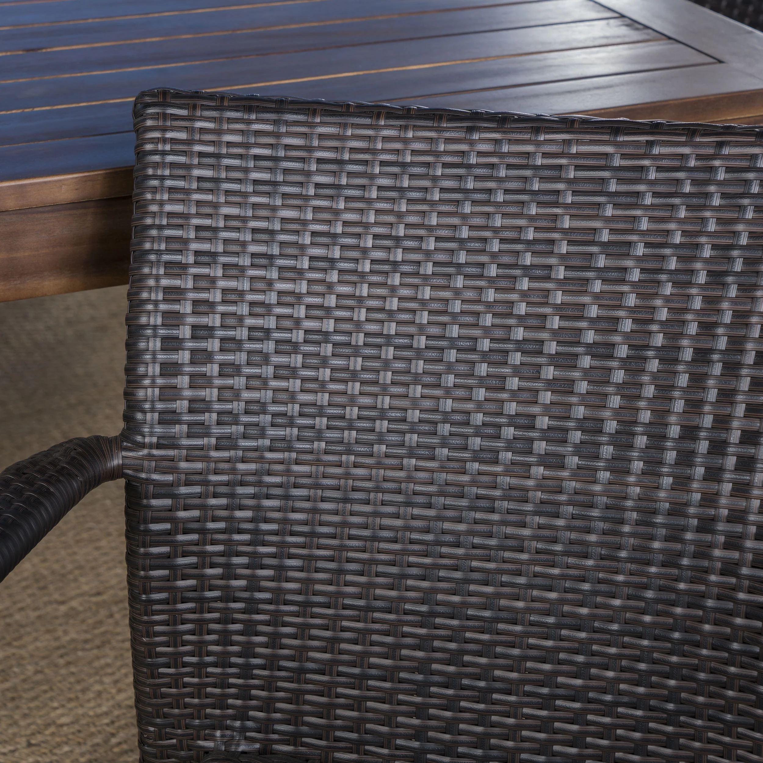 Hassan Outdoor 7 Piece Dining Set with Wood Table and Wicker Dining Chairs, Dark Brown Finish, Multi Brown