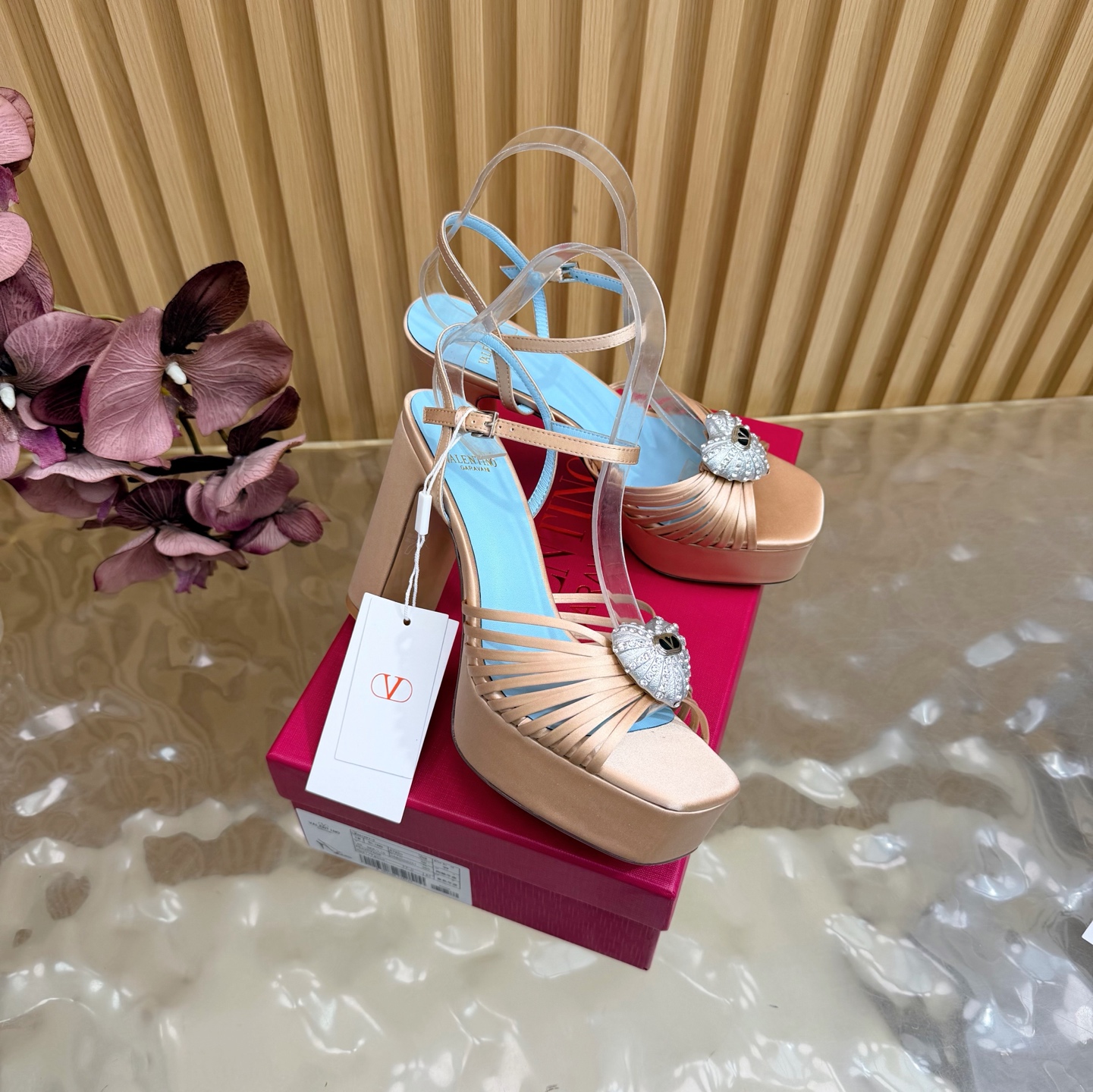 Valentino Garavani Champagne VLogo Crystal Brooch Satin Multi Straps Platform Square Toe Chunky Heel Sandals