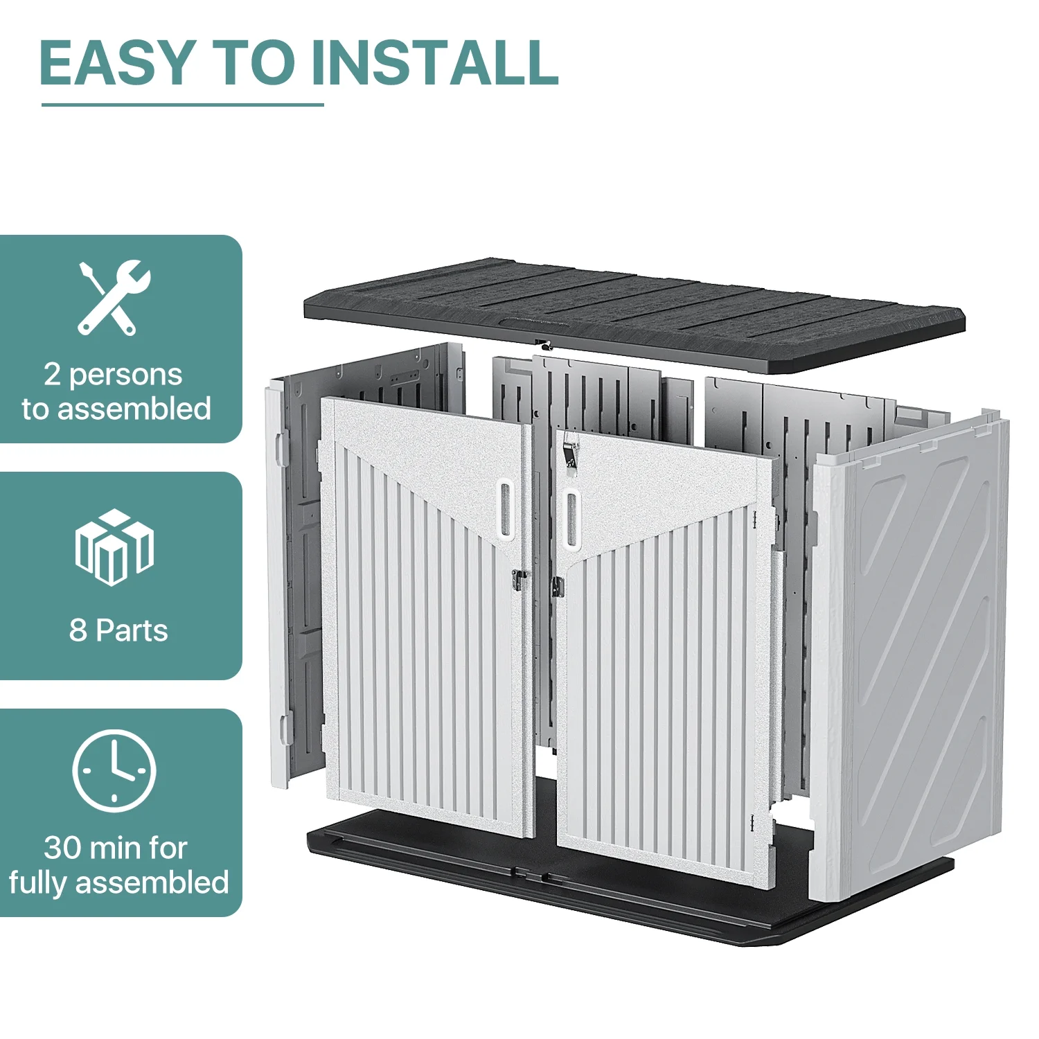 JolyDale Outdoor Storage Cabinet 35 Cu.Ft Outdoor Trash Can Storage Shed Waterproof Horizontal Storage Shed Outdoor Storage for Garbage Bin,White