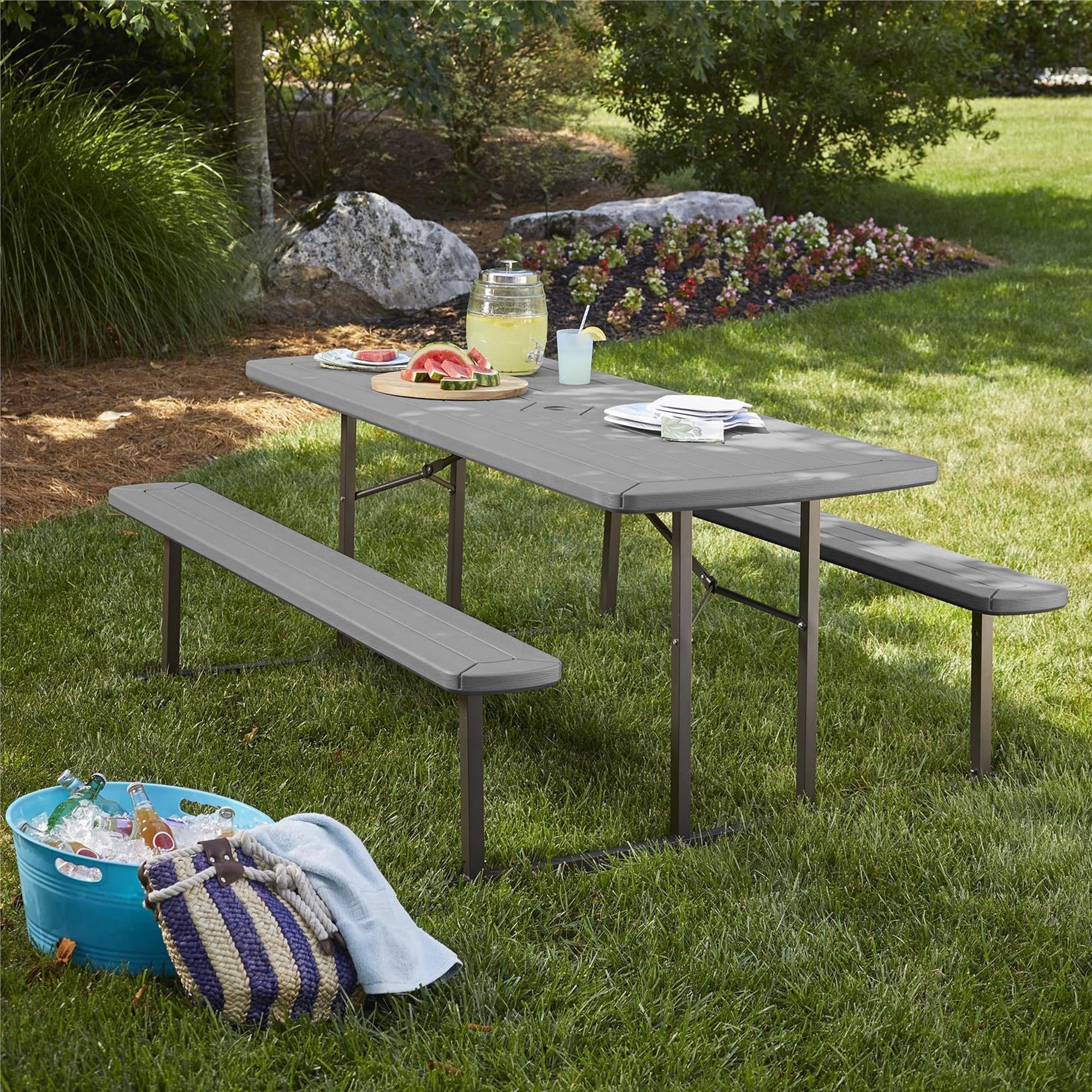 6 ft. Folding Blow Mold Picnic Table, Taupe Wood Grain with Brown Legs