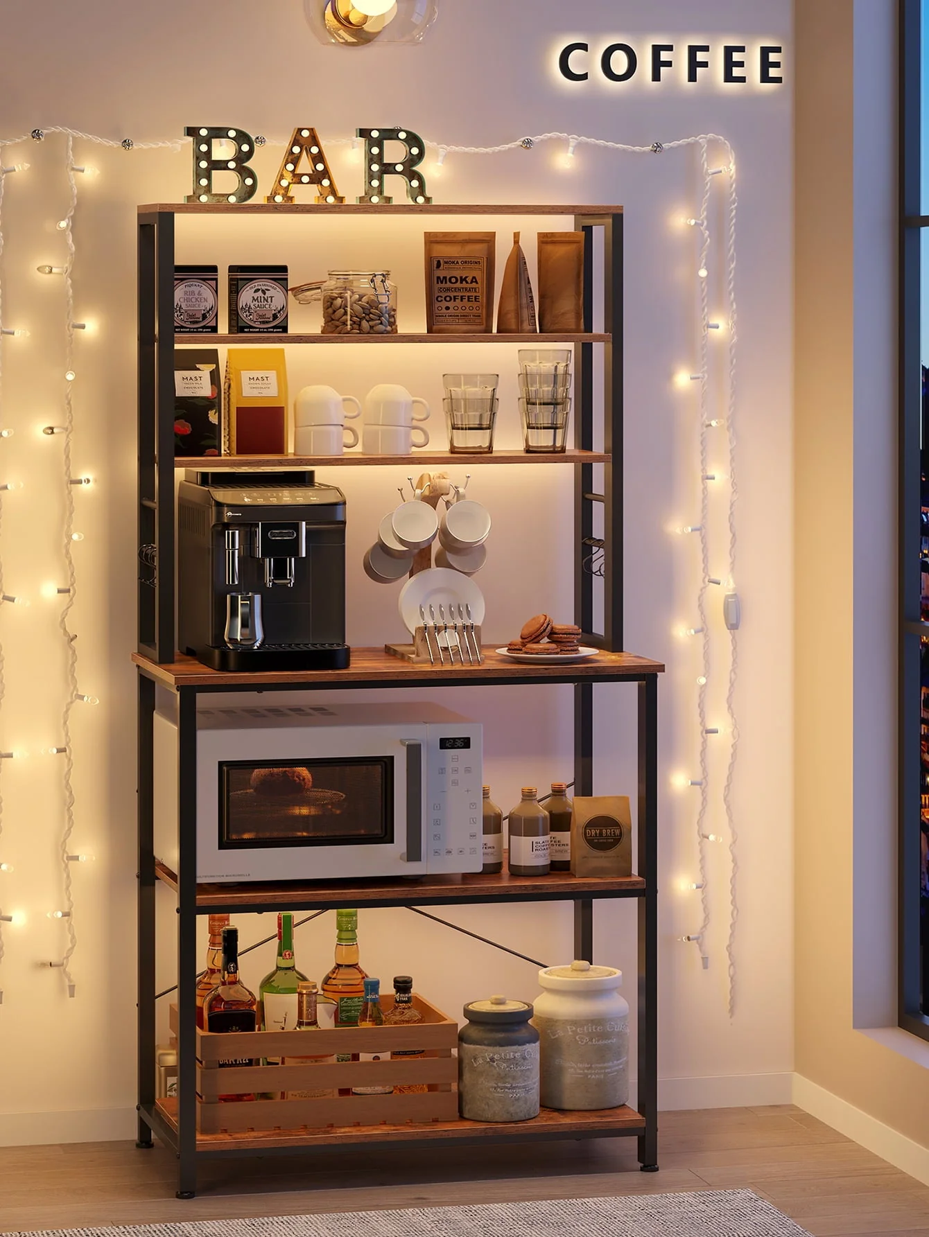 VASAGLE Baker's Rack Microwave Oven Stand Kitchen Tall Utility Storage Shelf 6 Hooks and Metal Frame Industrial 15.7 x 31.5 x 65.7 Inches Rustic Brown and Black