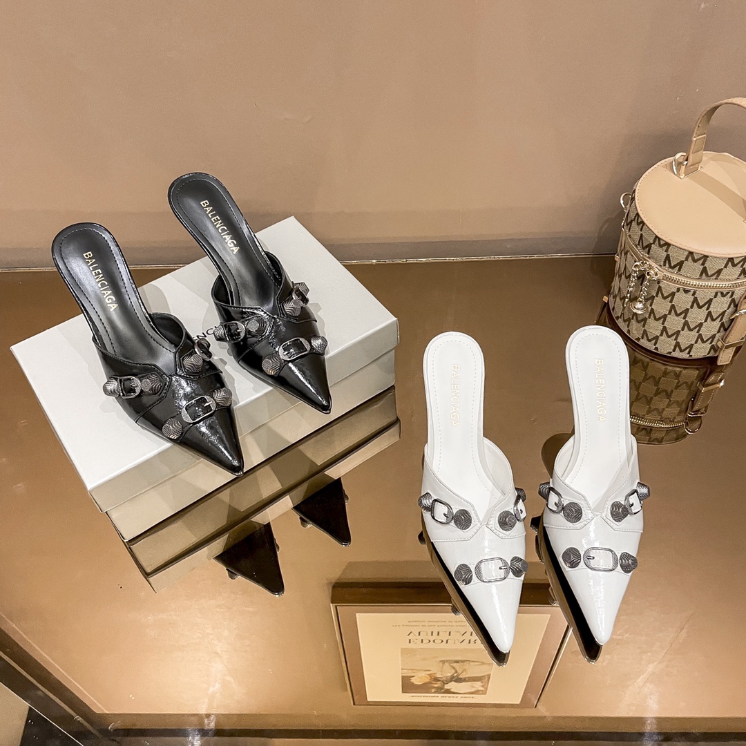 Balenciaga Cagole Buckle And Arena Studded Leather Pointed Toe Mules Sandals /Top Version