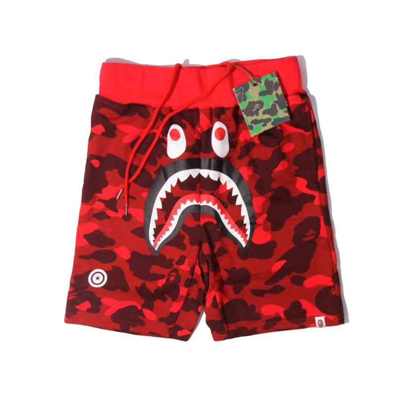 Adjustable elastic shorts with deep red color scheme and shark pattern