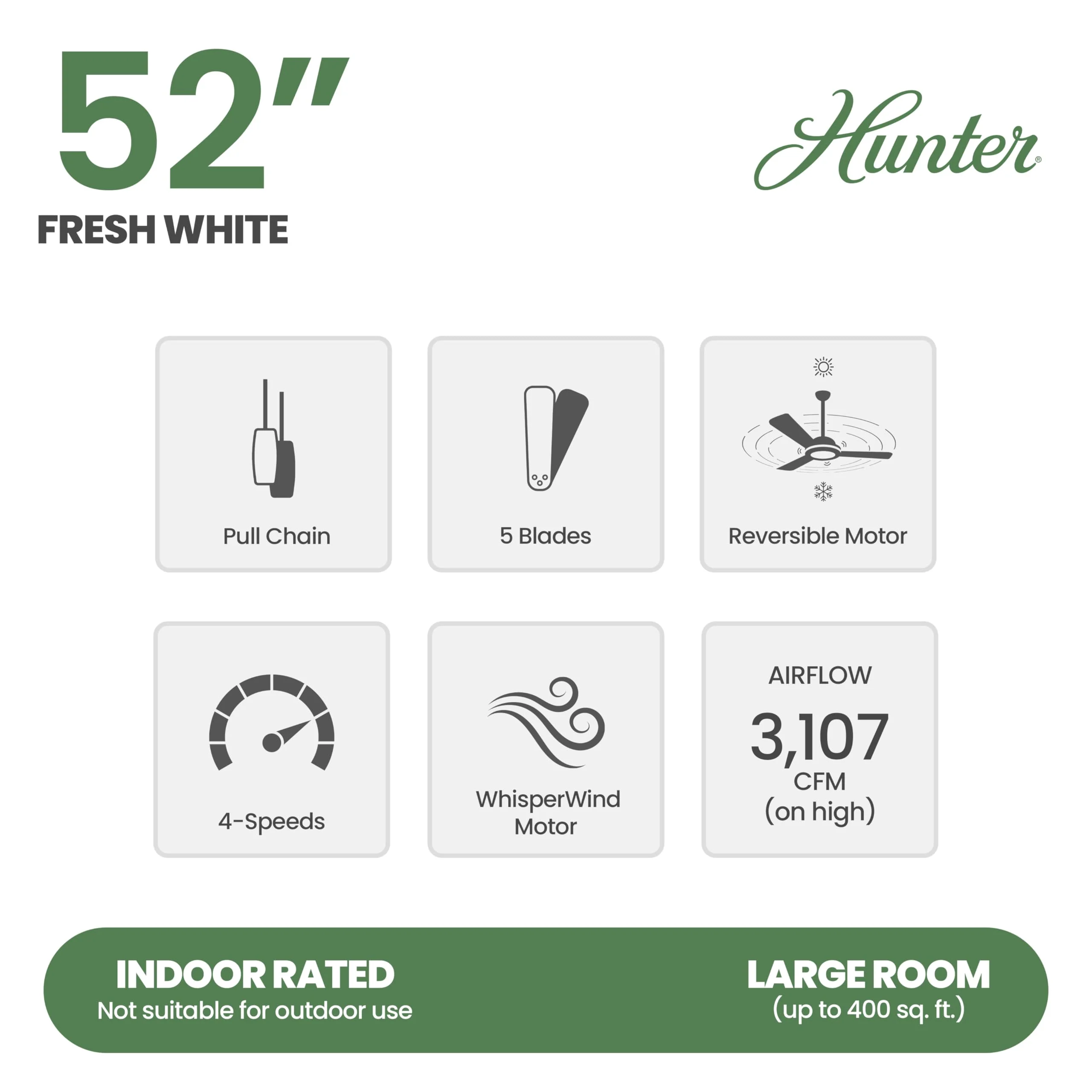 Restored Hunter Fan 52 inch Fresh White Indoor Ceiling fan with LED Light and Pull Chain for Bedroom, Living Room, Office, Basement, Kitchen, Dining Room (Refurbished)