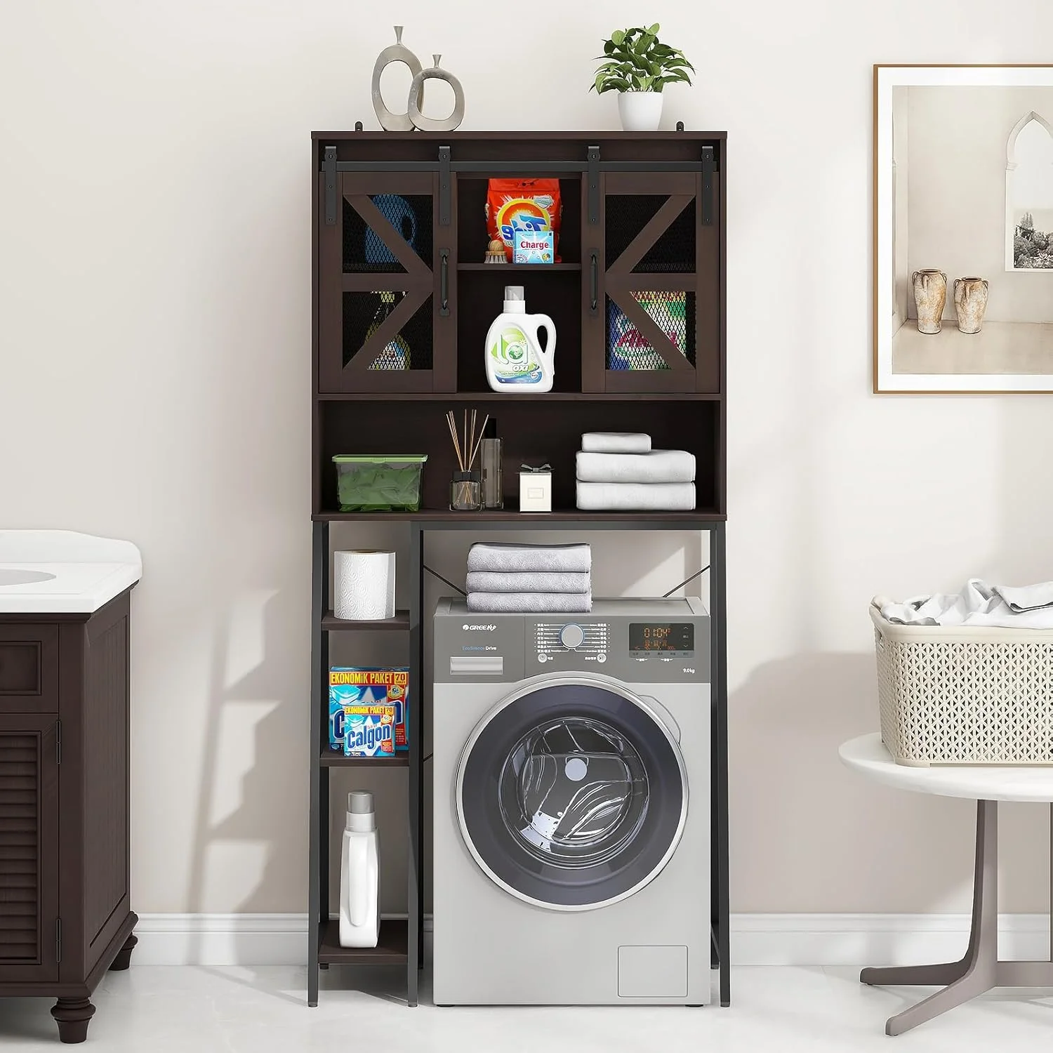Vabches Over The Toilet Storage Cabinet with Toilet Paper Holder Stand, Above Toilet with Adjustable Shelf & 2 Doors