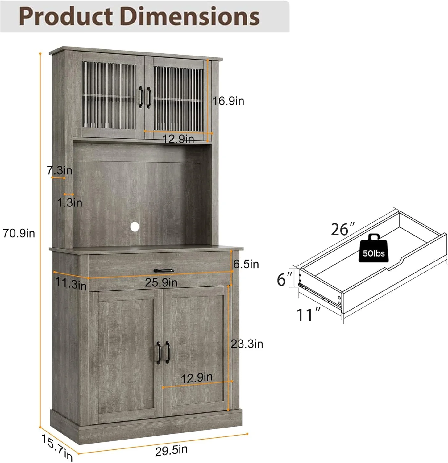 NEILA Kitchen Food Cabinet with Microwave Oven Holder �C 71 Inch (Approx. 180.5 cm) Freestanding Tall Kitchen Cabinet with Doors and Shelves for Kitchen and Dining Room, Gray