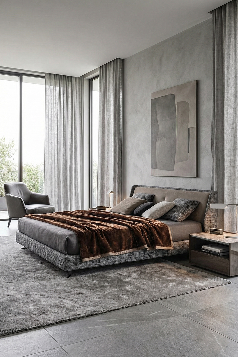 Italian minimalist double bed, wrap around headboard, modern high-end, bedroom fabric bed, hotel, apartment