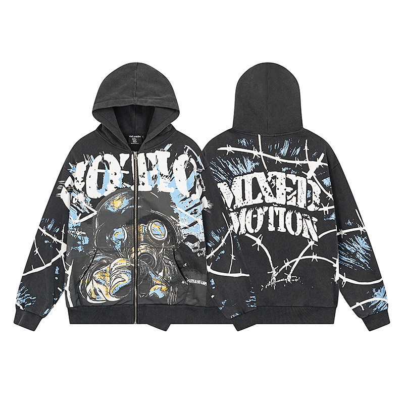 Gas mask person wearing an old-fashioned washed and printed hooded sweater