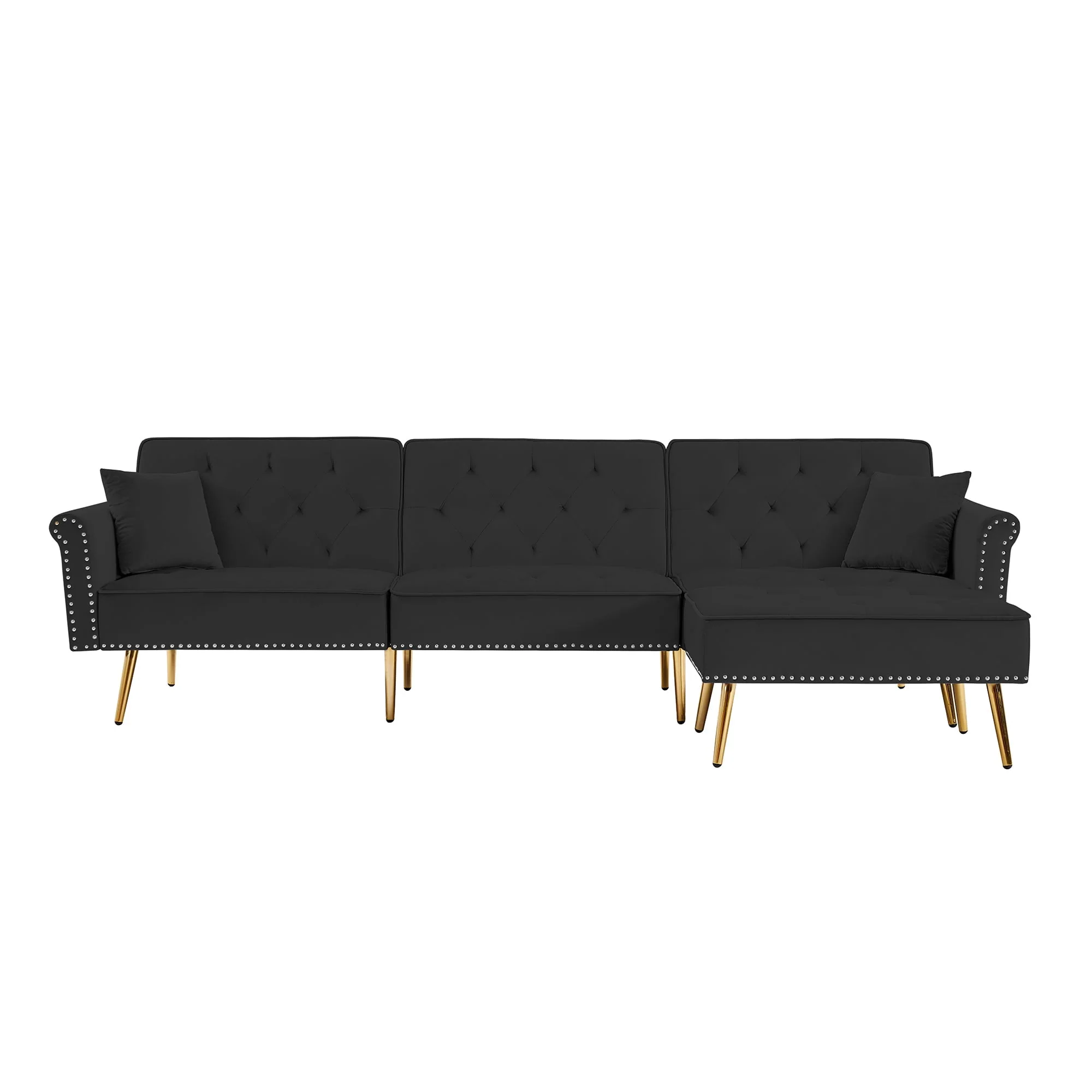 Modern L Shaped Sectional Sleeper Sofa with Chaise, Velvet Convertible Folding Modular Couch Bed with Nailhead Trim for Living Room Office Apartment