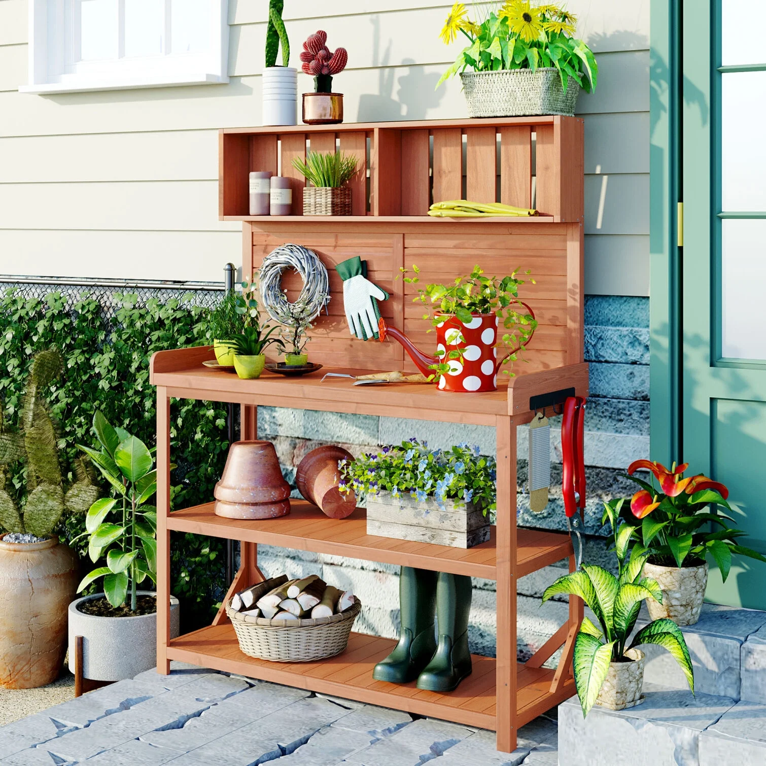 65" Large Outdoor Potting Bench Table, Wooden Farmhouse Rustic Patio Workstation with 4 Storage Shelves and Side Hook, Garden Potting Bench Station, Natural