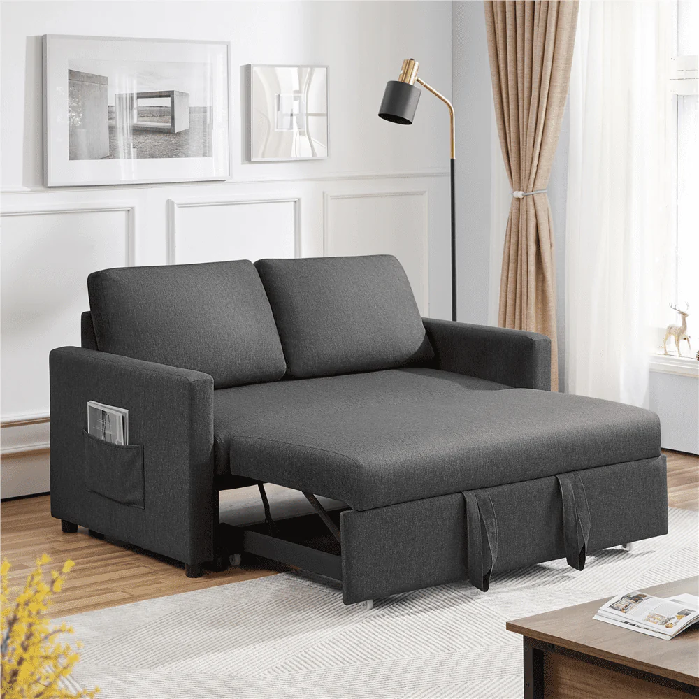 Alden Design Linen Loveseat Sofa with Pull-Out Trundle Bed, Dark Gray