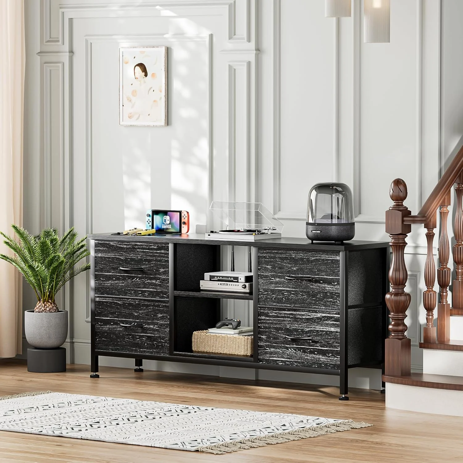 GFNXYI TV Stand for Bedroom, Dresser TV Stand with 4 Fabric Drawers & Open Shelves for 50" TV, Entertainment Center with Power Outlet, Dresser for Bedroom, Living Room, Entryway, Black Wood Veins