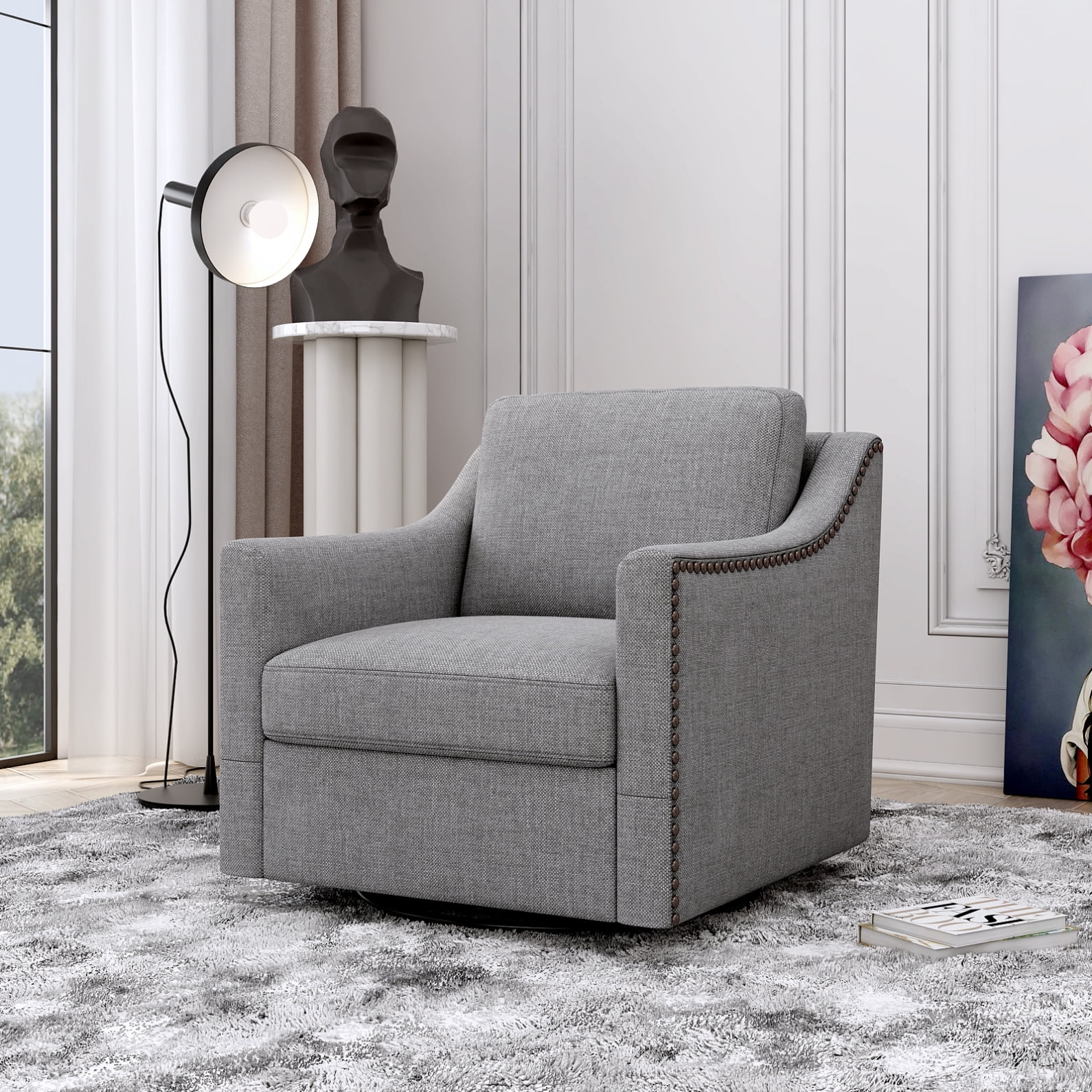 Swivel Accent Chair Armchair, 360 Swivel Chair in Cotton Linen, Living Room Chairs with Wide Cusion and Curved Armrest, Comfy Barrel Sofa Reading Chairs for Bedroom, Small Spaces, Office, Grey