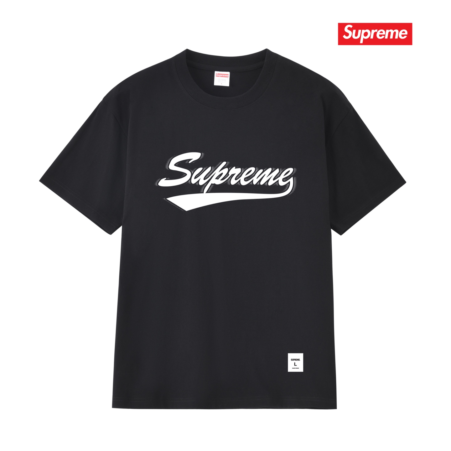 Short-sleeved T-shirt with a logo printed in a continuous style on a pure black background