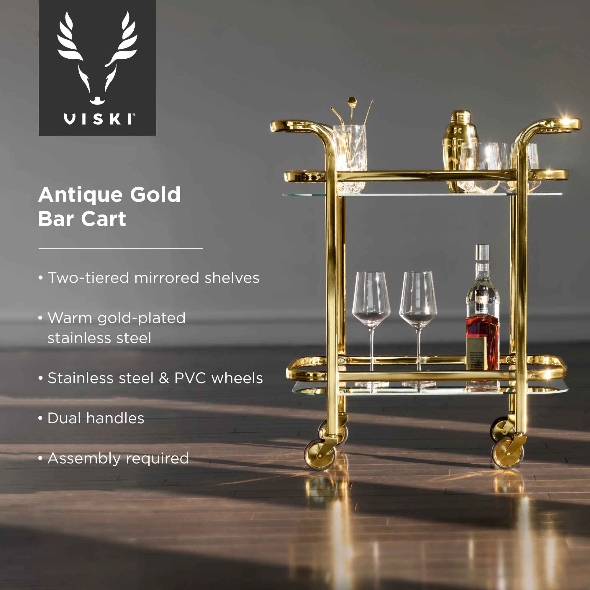 Viski Stainless Steel Bar Cart with Wheels, Mirror Shelves, Home Bar, Gold