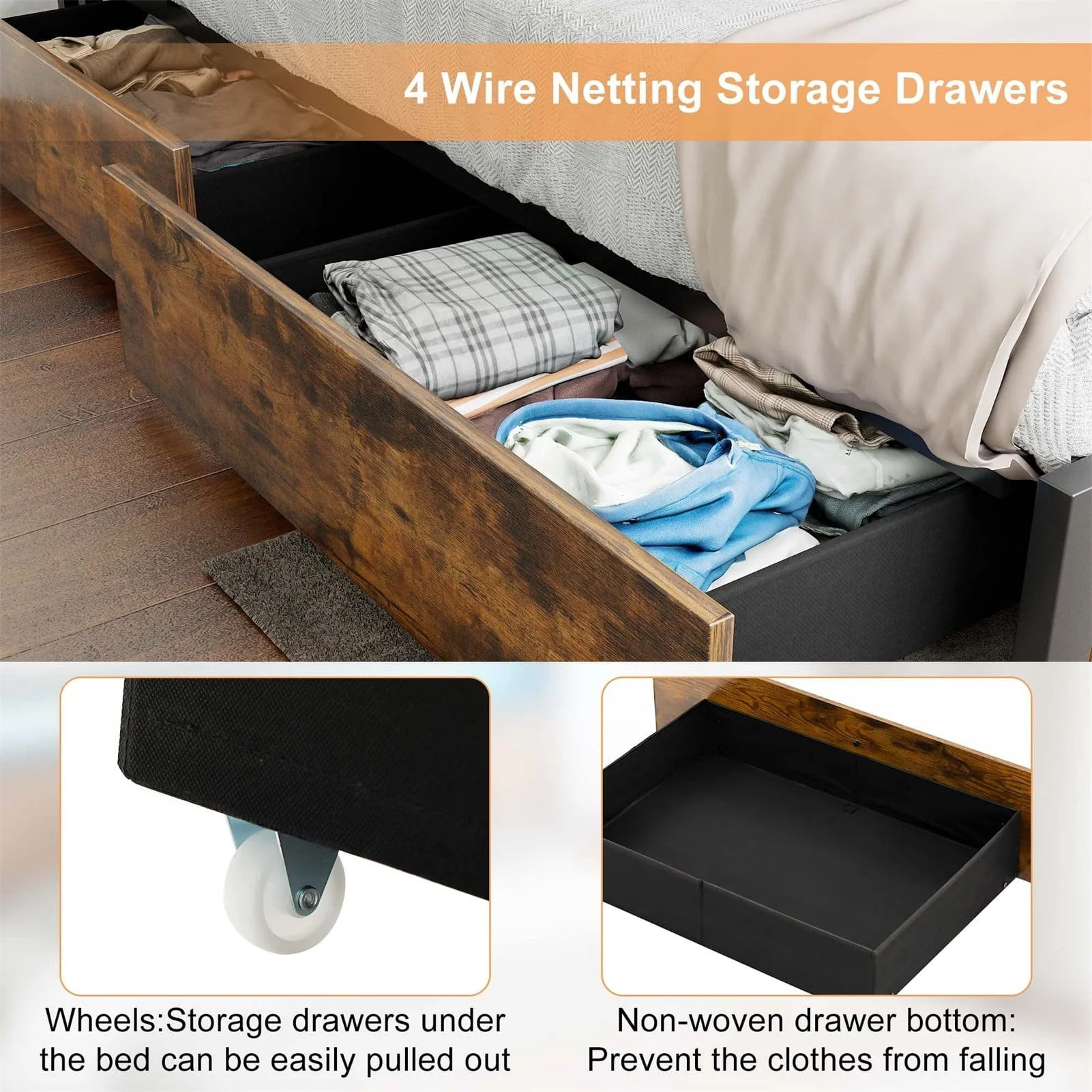 Full LED Bed Frame with Storage Headboard + 4 Drawers + Power Station, Industrial Metal Platform Bed, No Need Spring Box(Tan-Full)