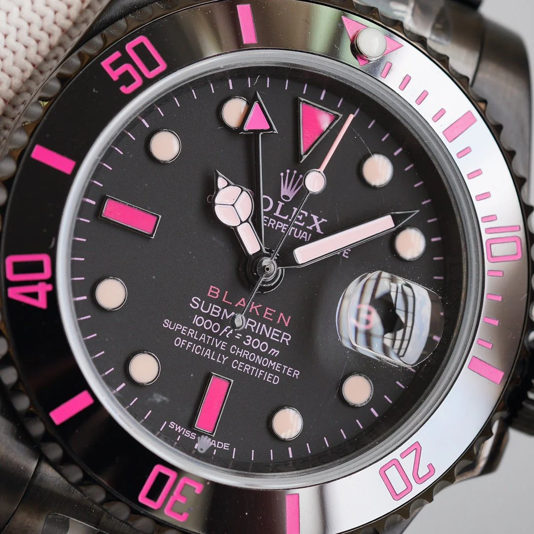 Rolex Watch SUBMARINER CUSTOM BLAKEN BLACK PINK NUMERALS Watch