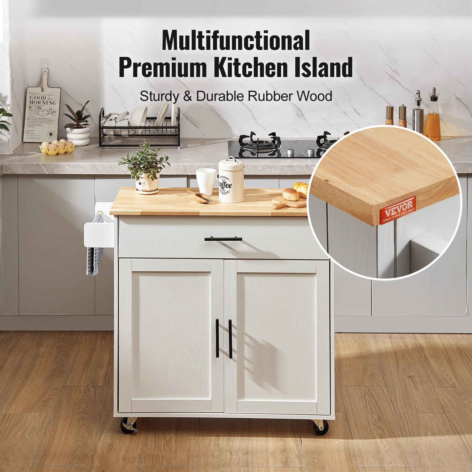 VEVOR Kitchen Island Cart with Solid Wood Top, 35.4" Width Mobile Carts with Storage Cabinet, Rolling Kitchen Table with Spice Rack, Towel Rack, Drop Leaf and Drawer
