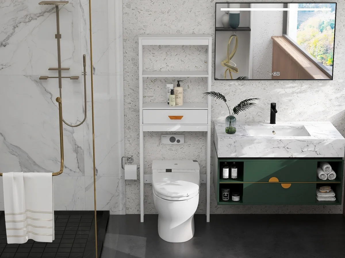 Over The Toilet Storage Cabinet with Drawer and 2 Shelves,Bathroom Space Saver Storage Rack,Toilet Shelf Organizer,White
