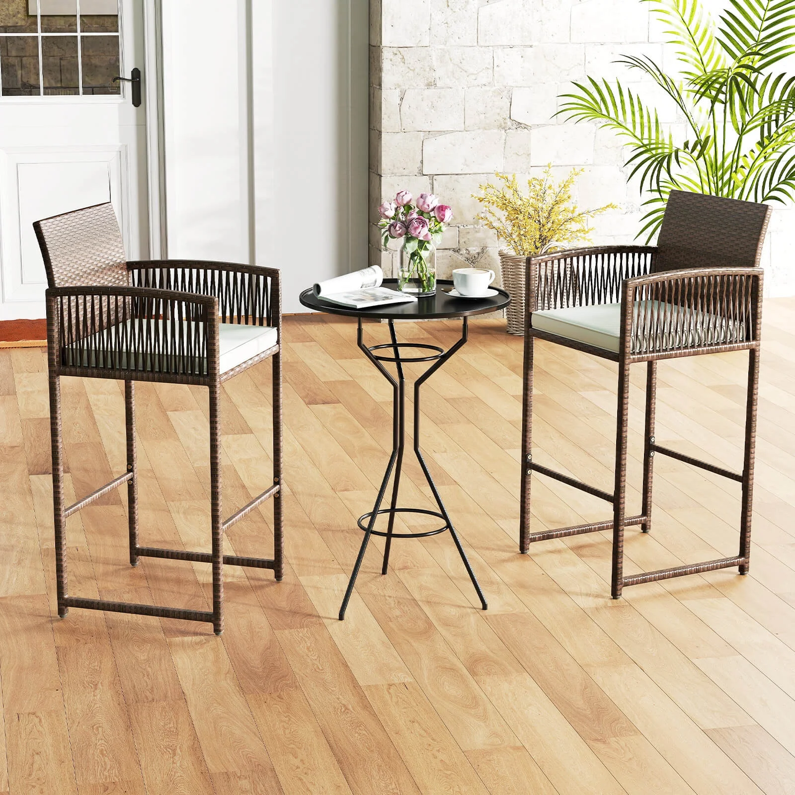 Costway Patio Bar Stools Set of 2 PE Rattan Bar Height Chairs with Backrests & Armrests