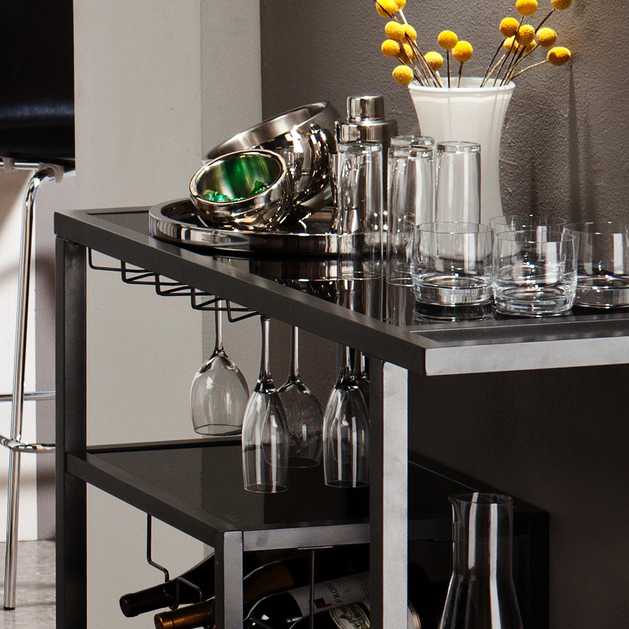 Holly & Martin Zephs indoor Bar Cart - Gunmetal Gray with Black Glass 40 x 37.5