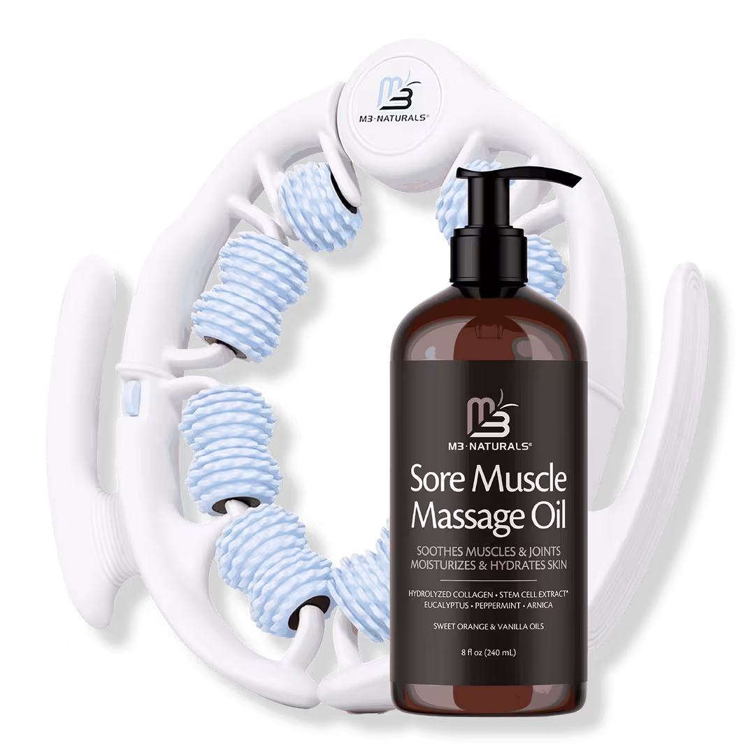 M3  Sore Muscle Massage Oil & Anti Cellulite Massage Roller Bundle