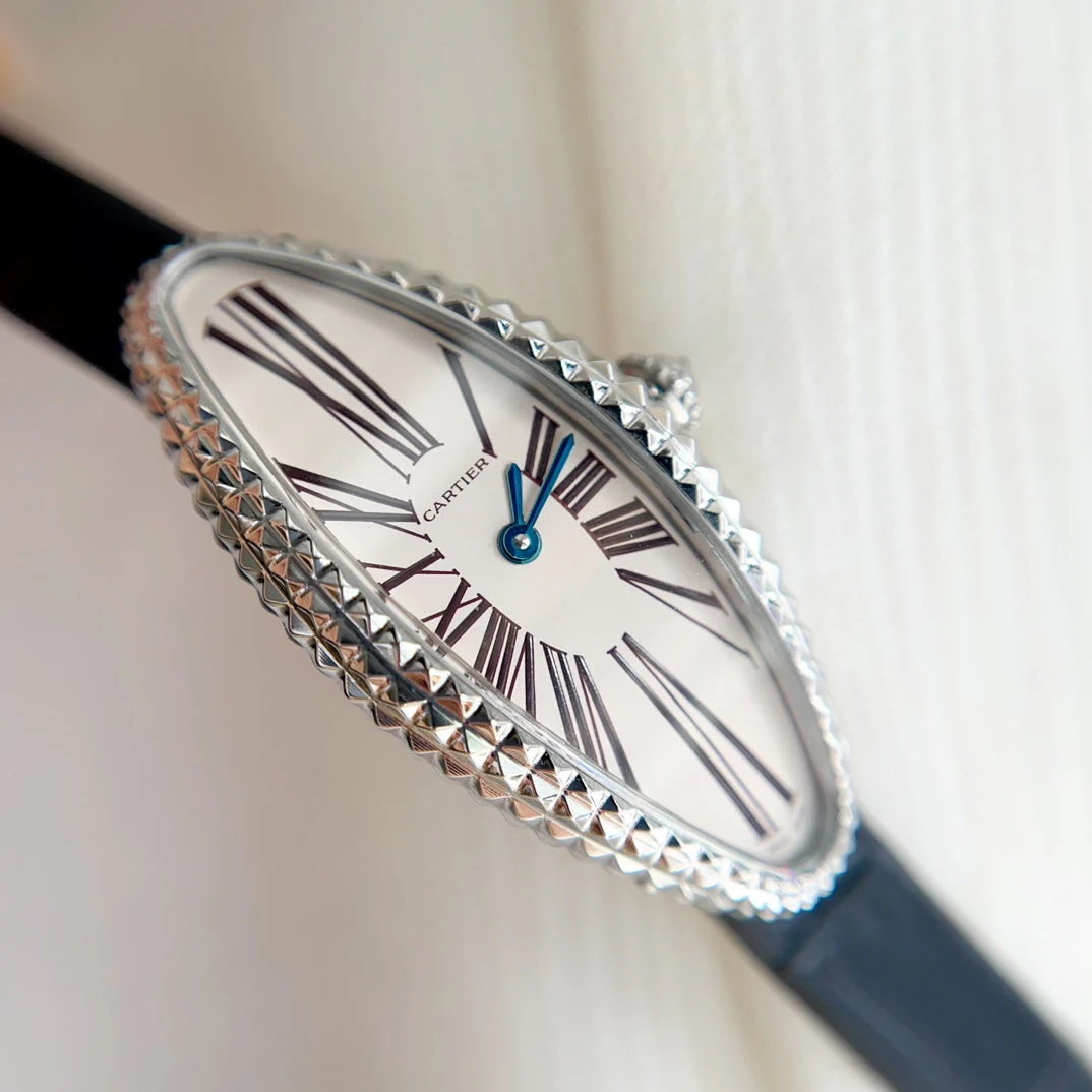 Cartier Watch Vintage Baignoire 21mm Silver Diamond Case Black Leather