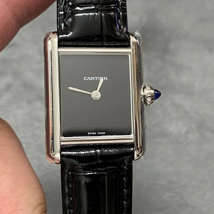 Cartier Watch Tank 29.5mm Silver Black Leather