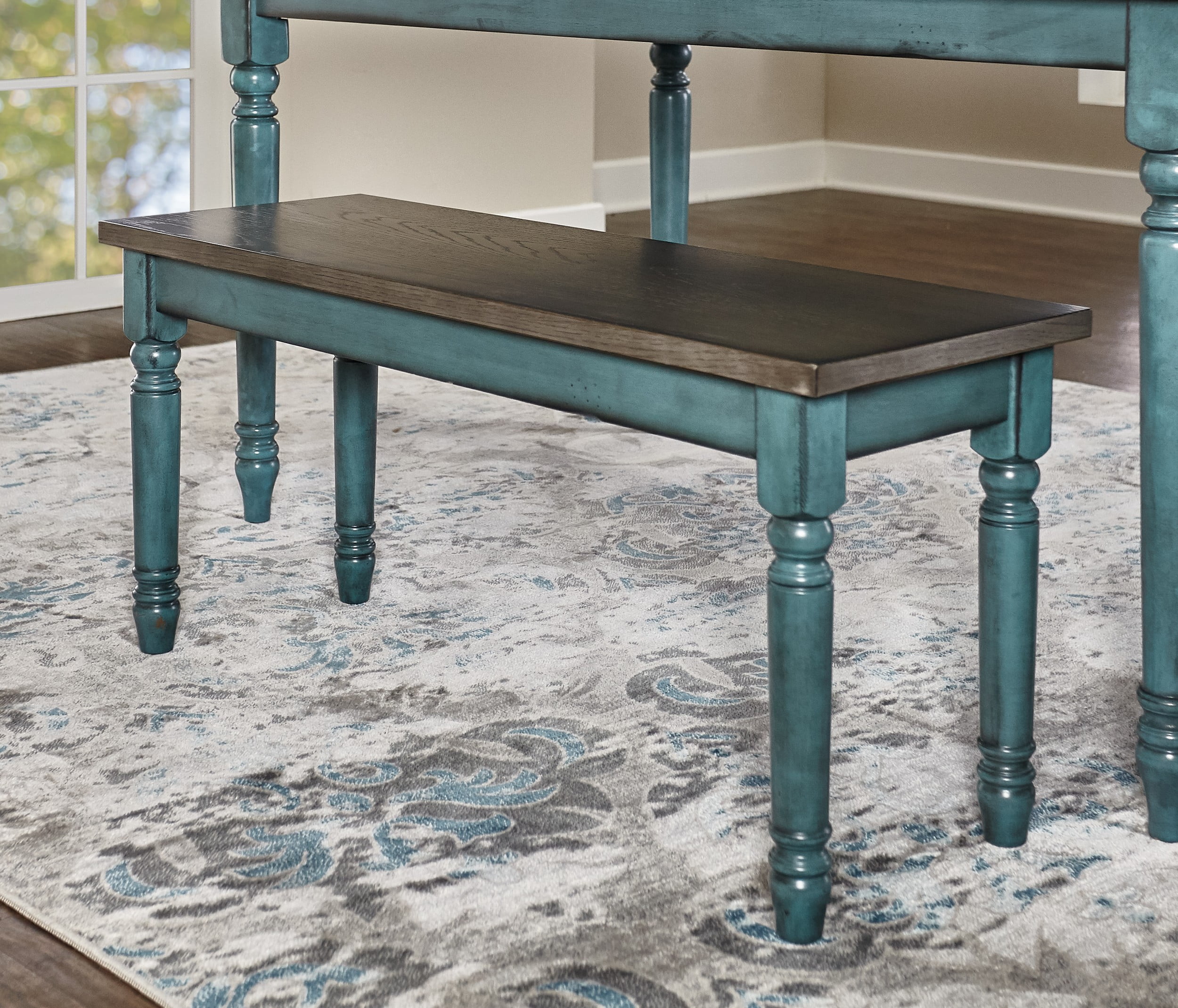 Powell Willow Wood Dining Bench, Distressed Brown and Teal Blue