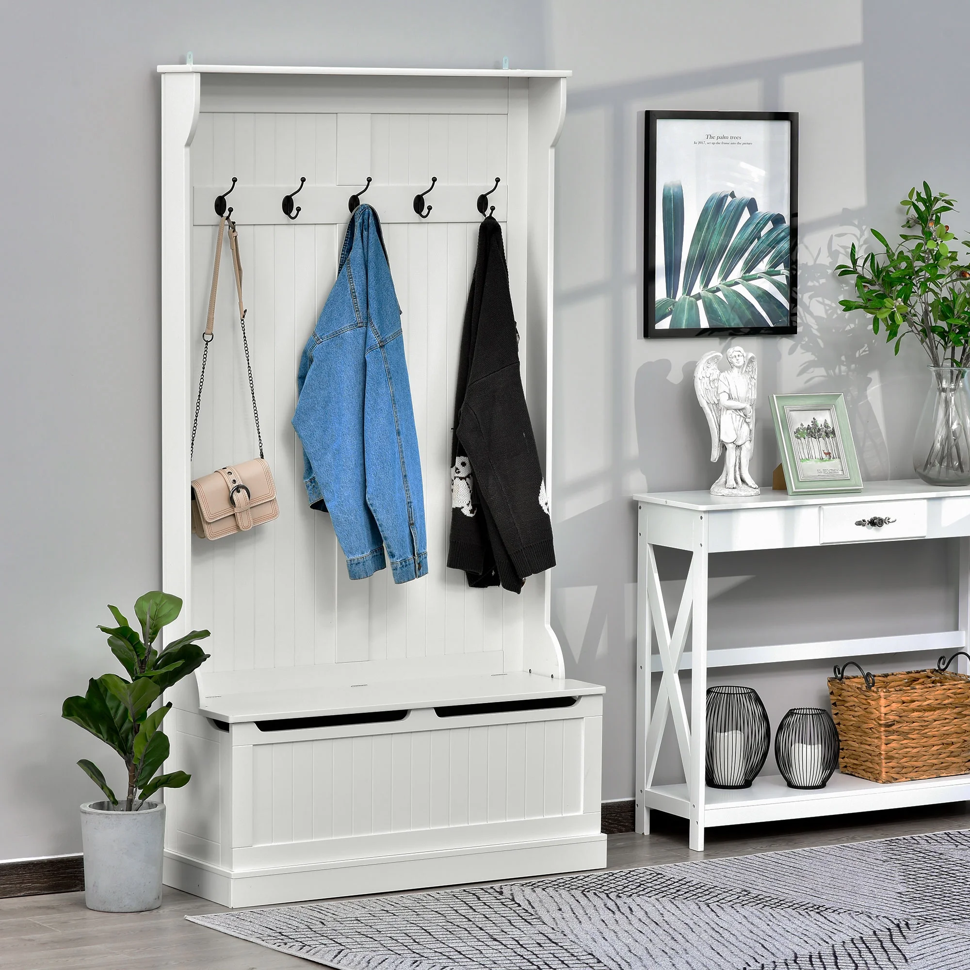 HOMCOM 3-In-1 Hall Tree Storage Bench and Coat Rack Cream White