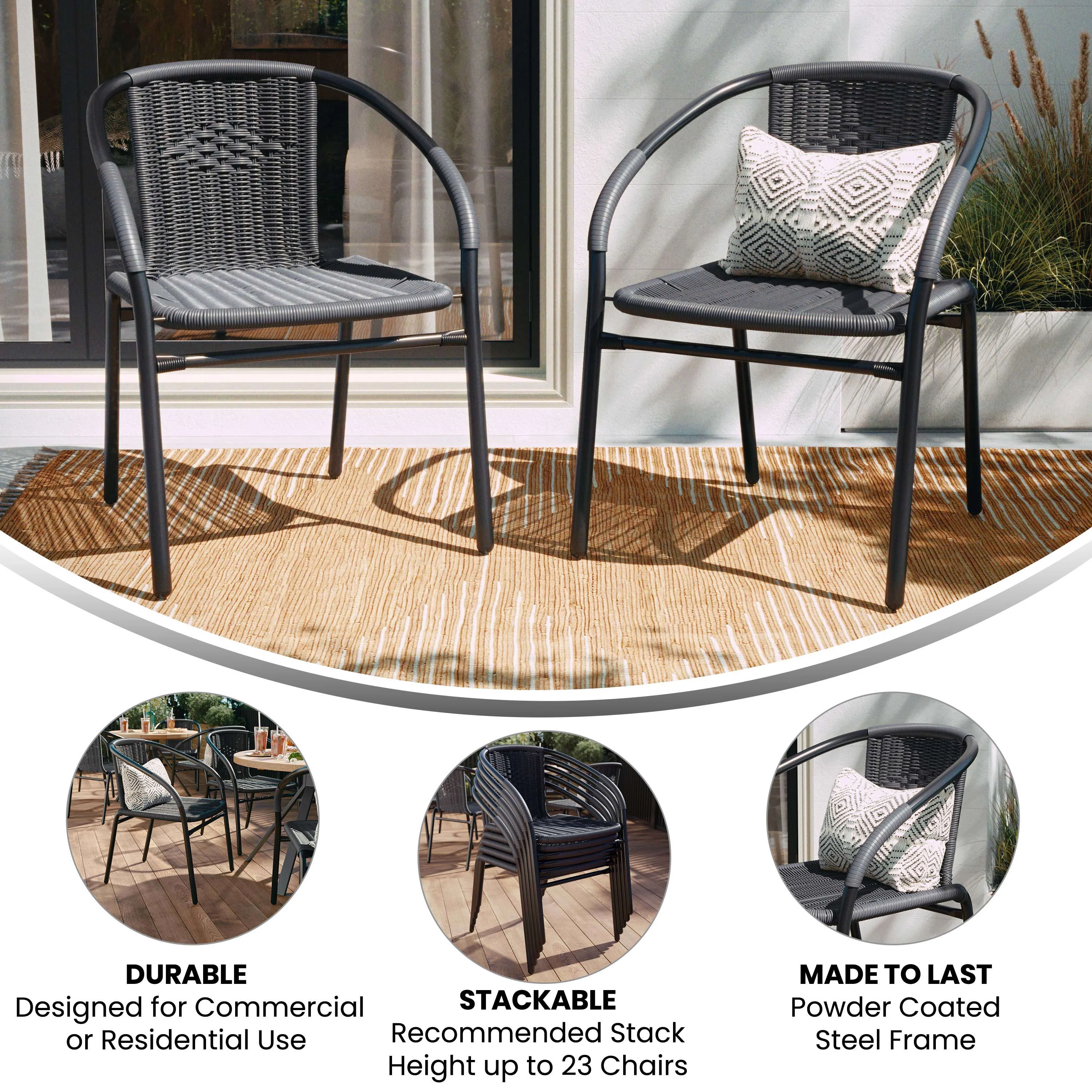 Emma + Oliver Indoor/Outdoor Stacking Rattan Restaurant Patio Chairs, Set of 2, Gray