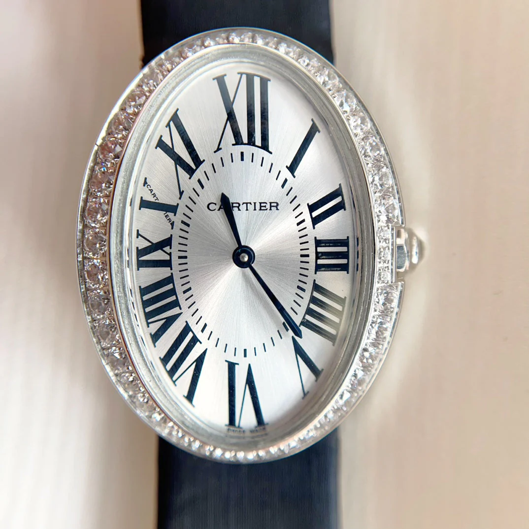 Cartier Watch Baignoire 28mm Silver Diamond Case Black Silk Leather