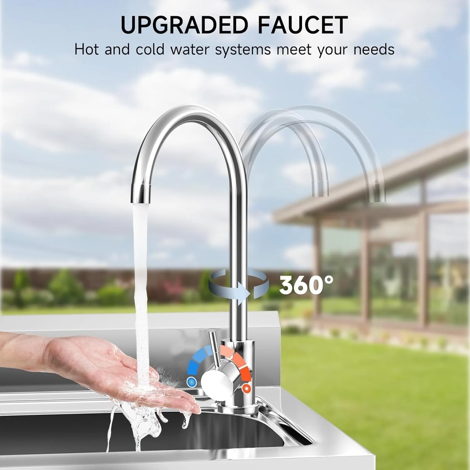 Free Standing Single Bowl Kitchen Sink, Stainless Steel Utility Sink with Cold and Hot Water Pipe for Kitchen, Garage, Backyard