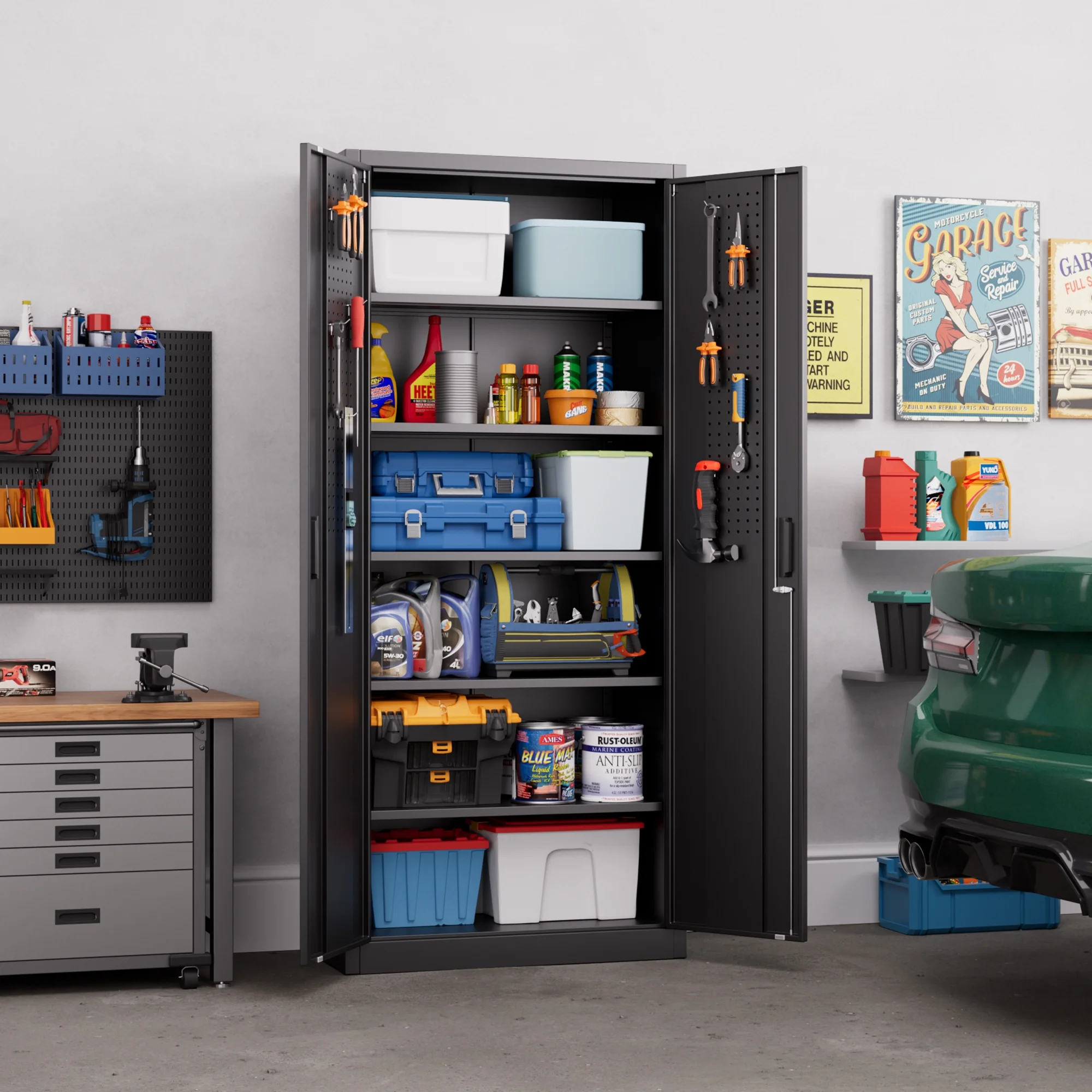 Supeer Locking Storage Cabinet with 5 Adjustable Shelves, Steel, Black, 71" H, Assemble Required