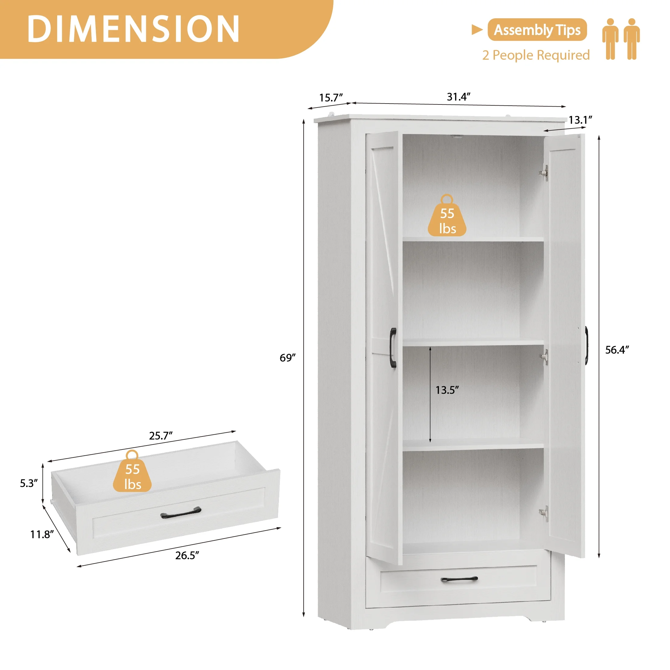 YouTrend 69" Tall Kitchen Pantry,Farmhouse Storage Cabinet with 2 Barn Doors 4 Adjustable Shelves and Large Drawer for Dining Room,Living Room,Bathroom,White