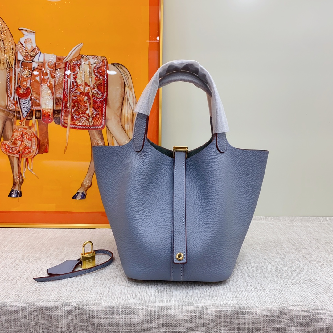 Hermes Clemence Picotin Lock Bag Golden Hardware -Haze Blue Bag