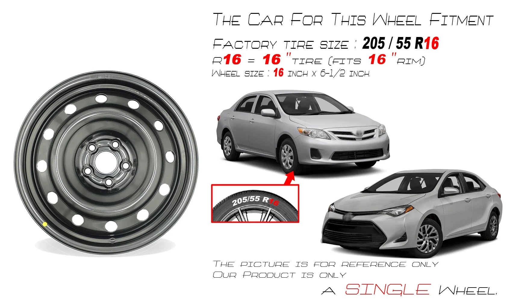 16" 16x6.5 Single 5x100mm Black Steel Wheel For Toyota Corolla Matrix 2009-2019 OEM Design Replacement Rim