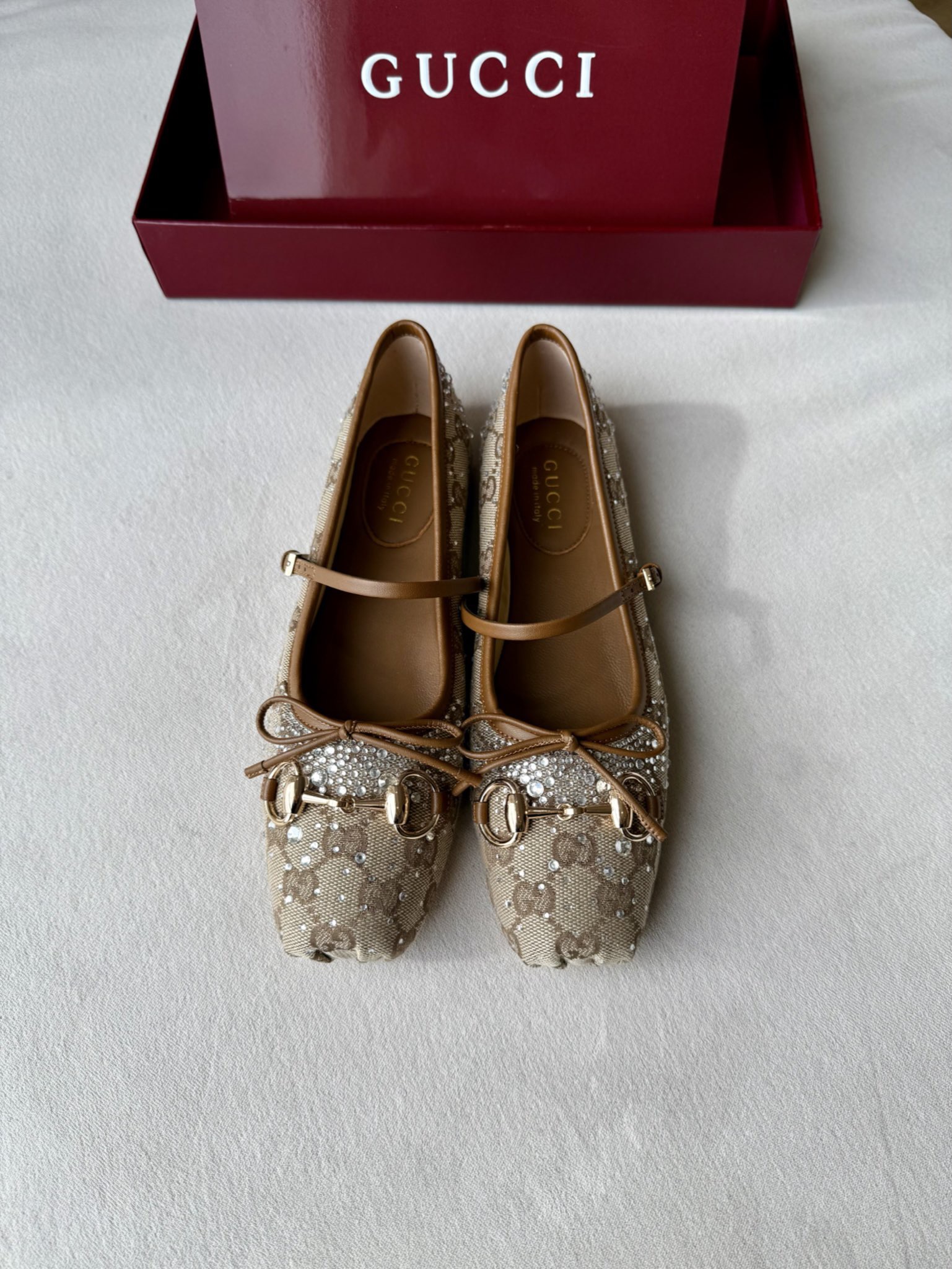 Gucci Sand Beige GG Crystal Horsebit Square Toe Ballet Flats