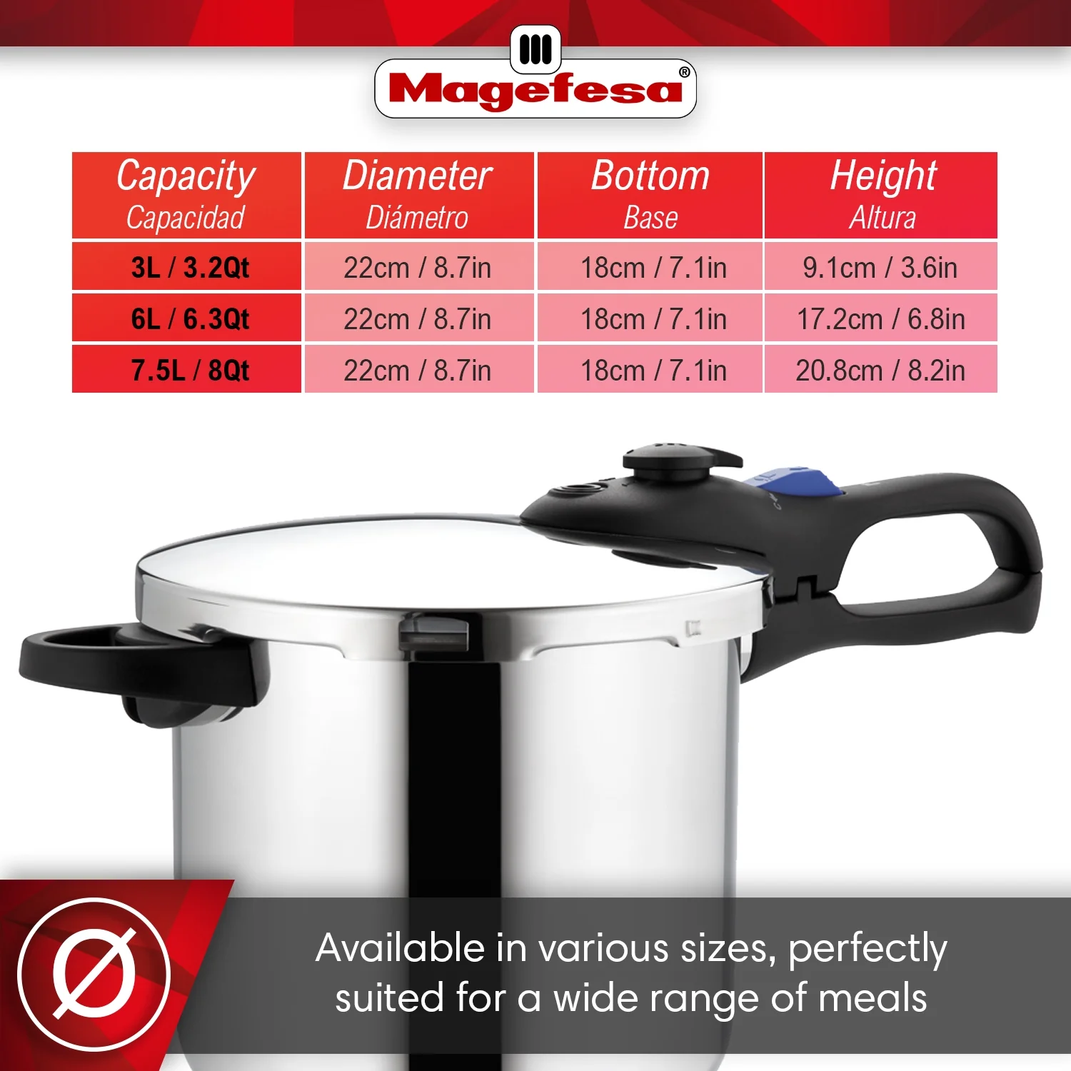 MAGEFESA Favorit Six Stainless Steel  Pressure Cooker Set, 3.2 Qt & 6.3 Qt, Induction Compatible C Special Edition (Steam Basket, Lid & Recipe Book)