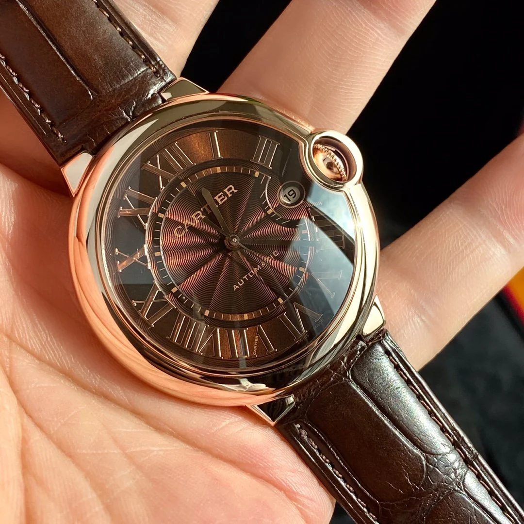 Cartier Watch BALLON BLEU 42 ROSE GOLD CASE BROWN DIAL LEATHER BRACELET